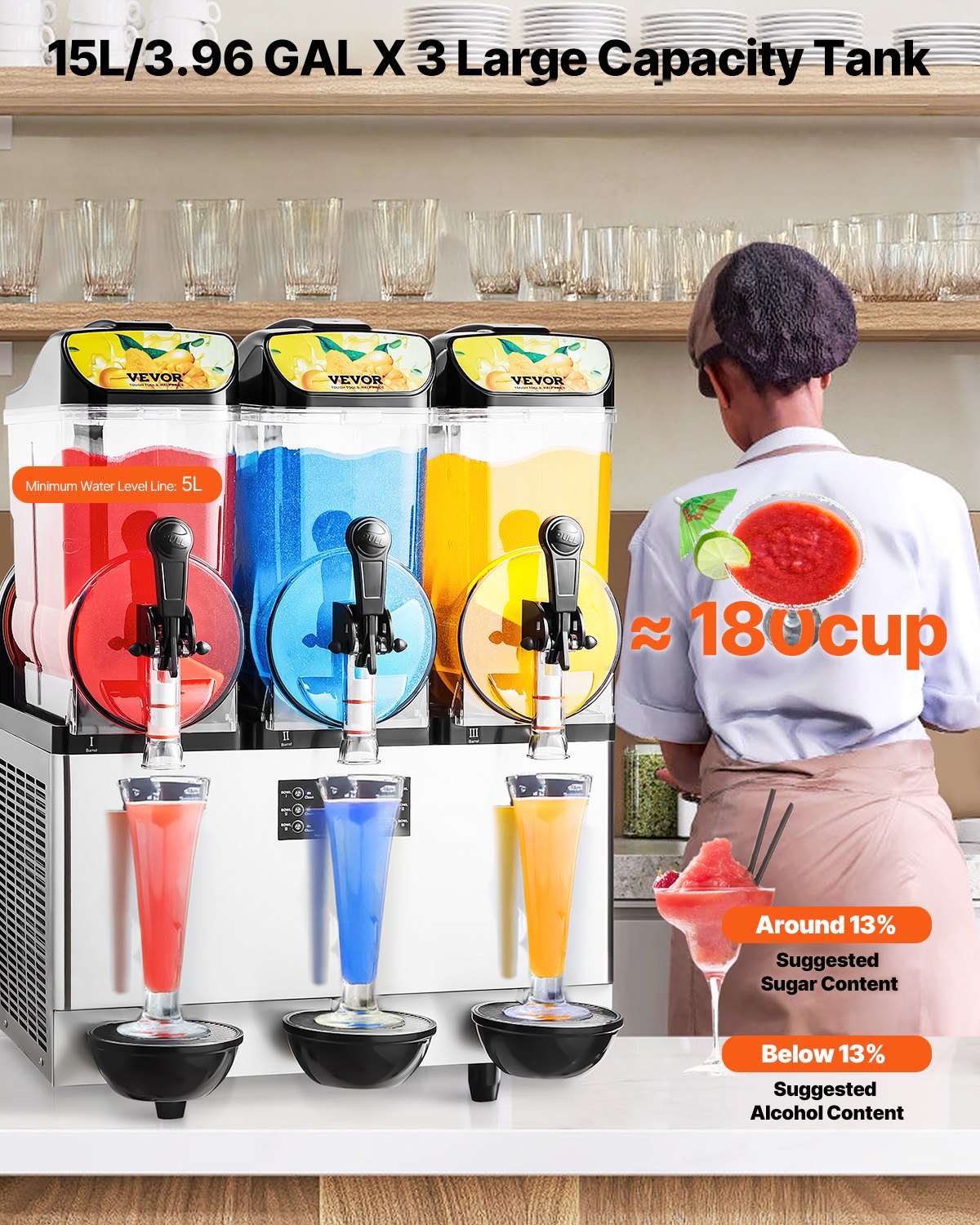 Commercial 15L Slushy Machine with 3 Tanks & Digital Control - Margarita & Frozen Drink Maker