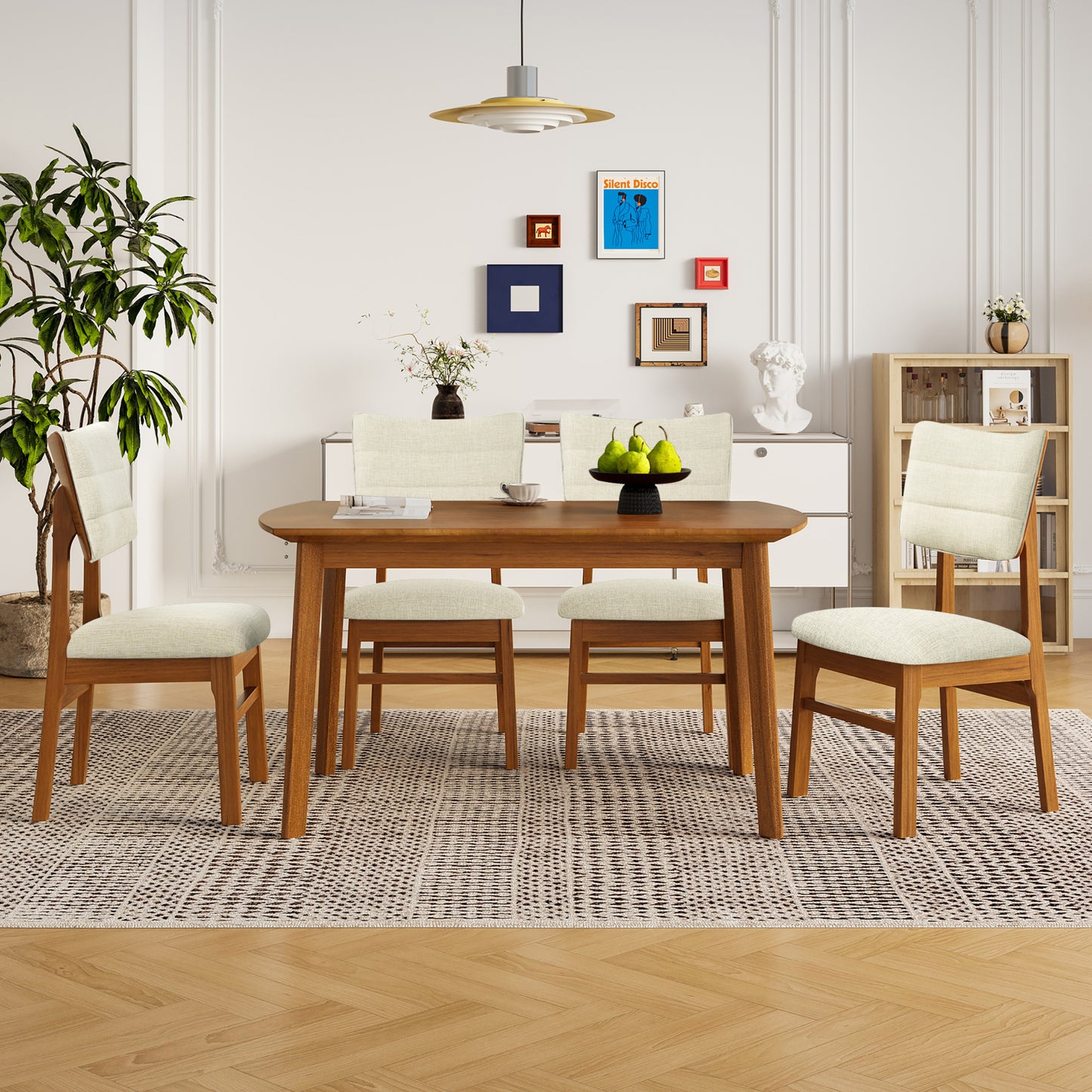 Farmhouse Dining Table Set for 4 with Upholstered Chairs - Brown & Beige