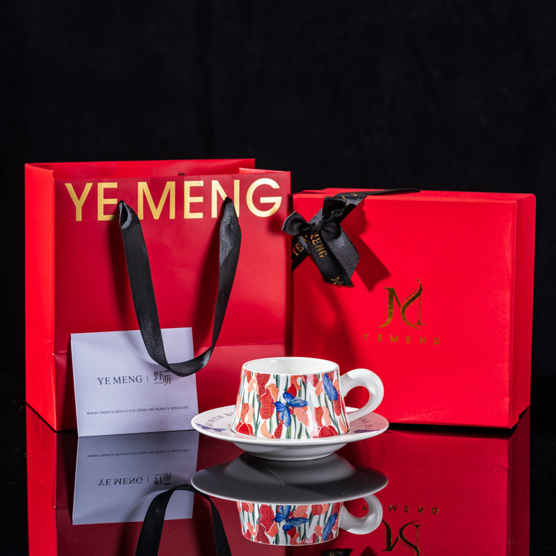Elegant Iris Flower Ceramic Coffee Cup Set with Gift Box - Multiple Styles & Sizes