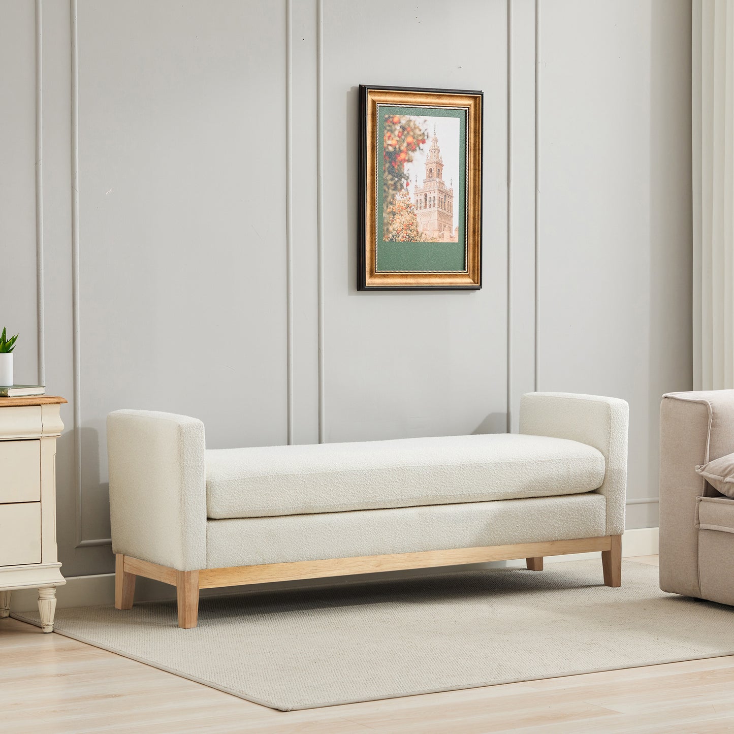 Upholstered End of Bed Bench with Wood Frame - Ivory Boucle