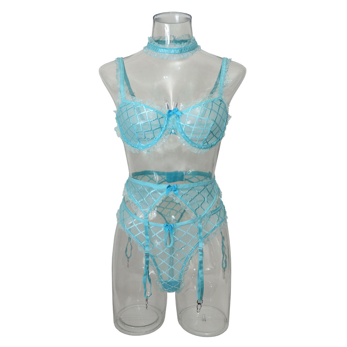 Mesh Push-Up Underwear Set for Women - Four-Piece Lingerie with Scarf