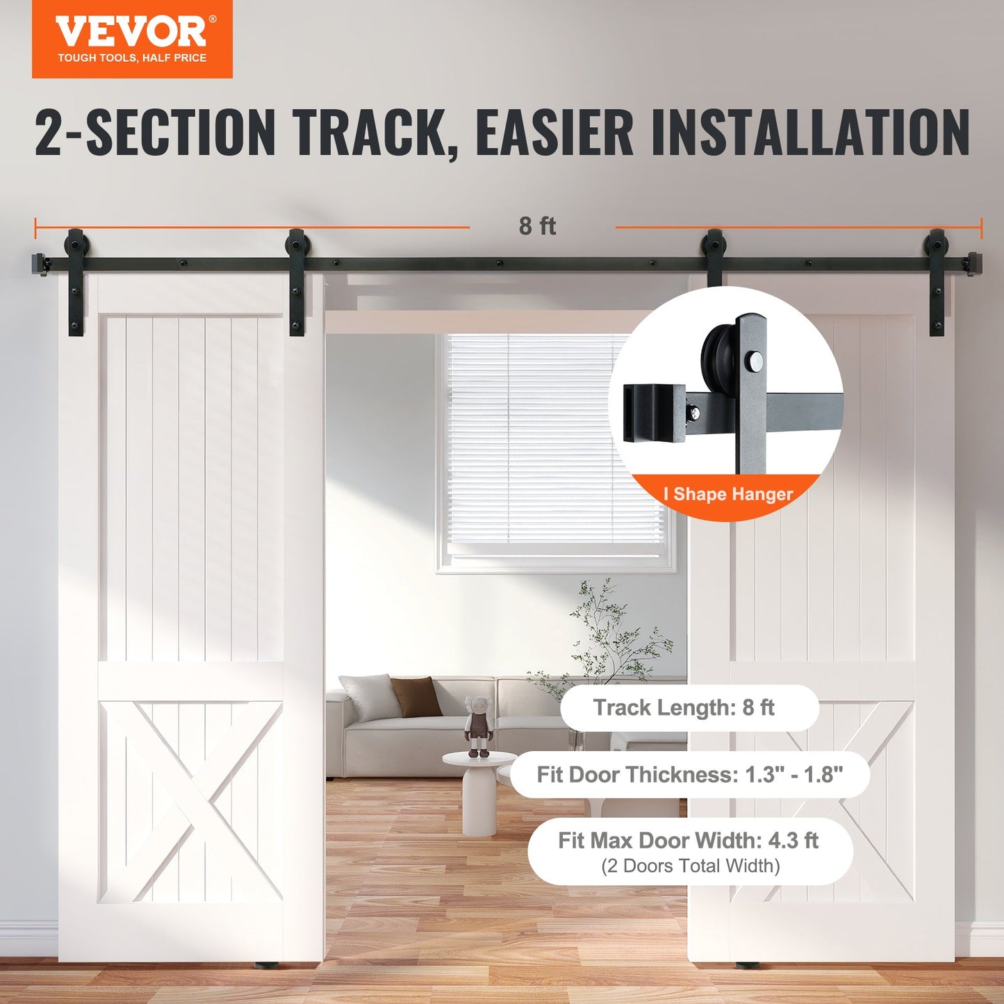 8FT Heavy Duty Sliding Barn Door Hardware Kit for Double Doors - Black