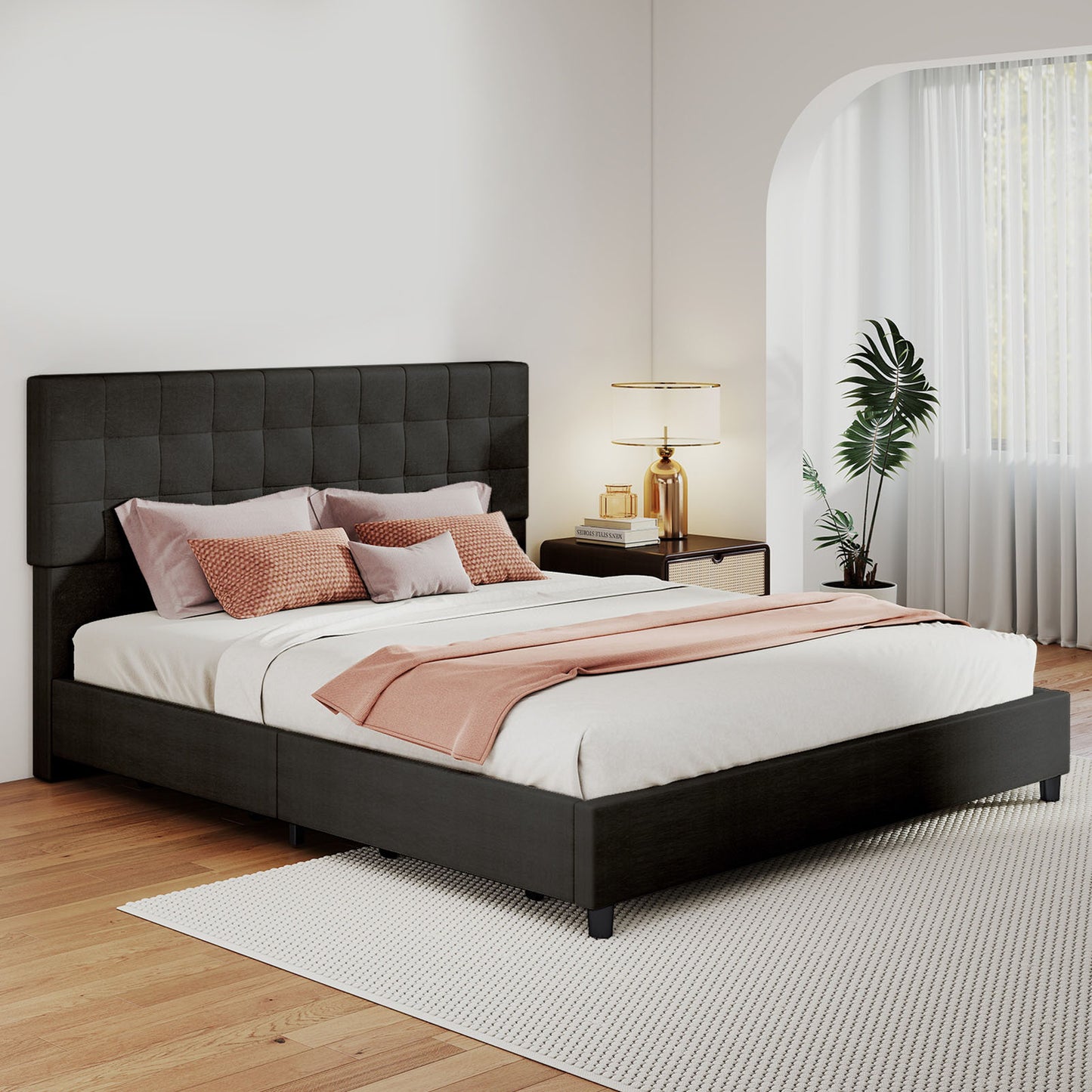 King Size Bed Frame Upholstered Vertical Channel Headboard With 4