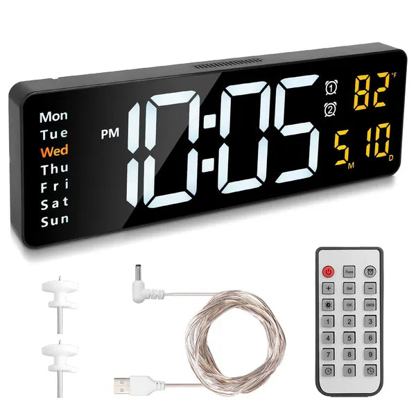 15.7in LED Digital Wall Clock with Remote Control - Black