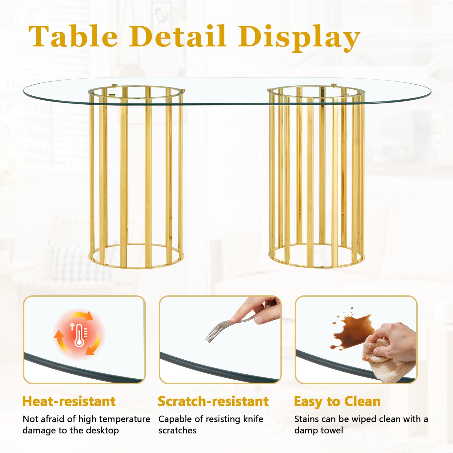 71 Inch Oval Tempered Glass Dining Table, Gold Double Column Light