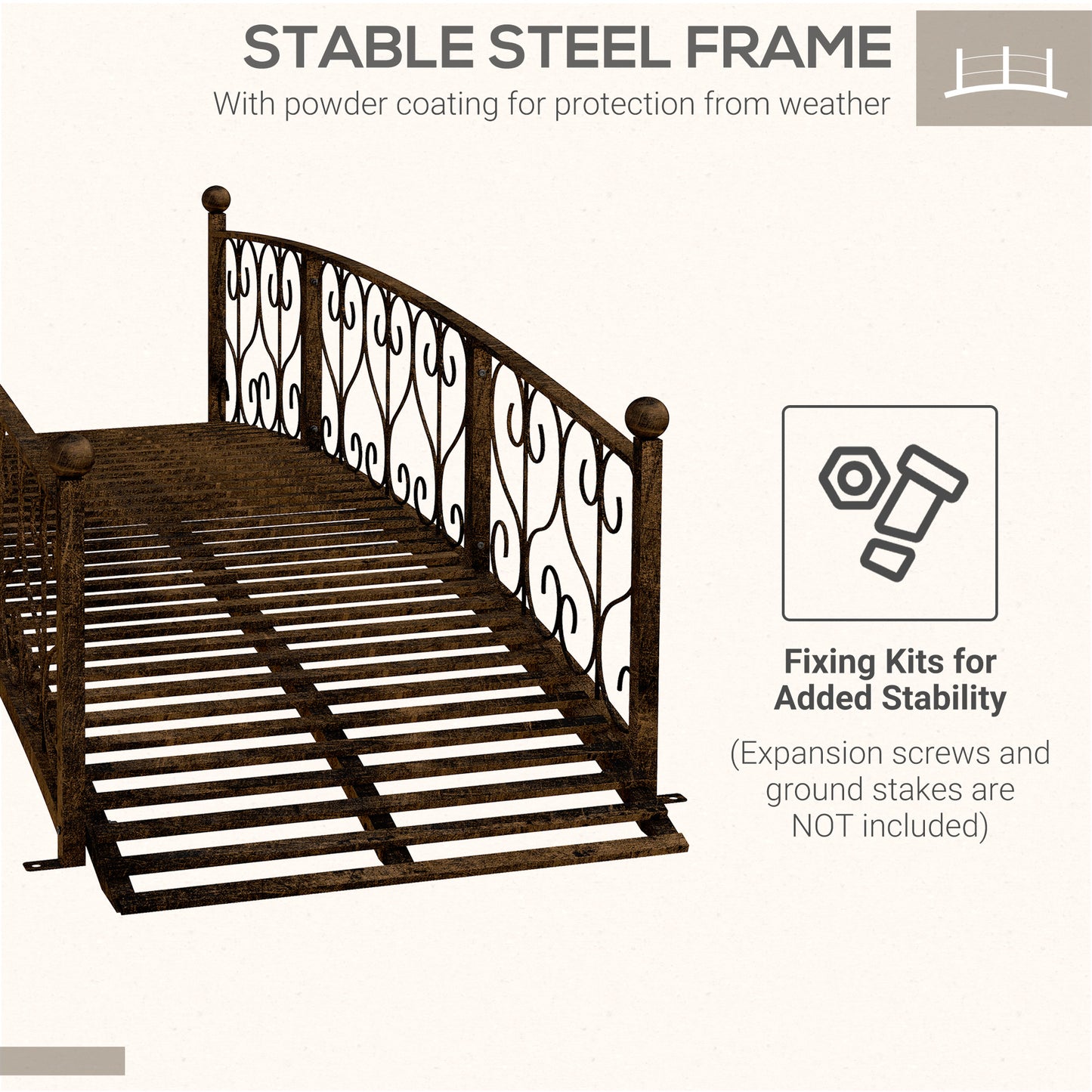 Bronze Metal Garden Arch Bridge with Side Railings, Decorative Scrollwork, 840x740x245 mm