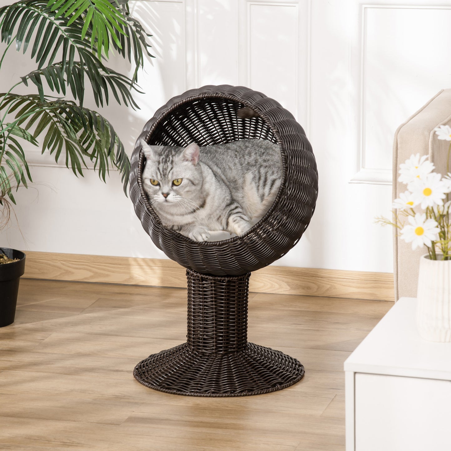 Elevated Cat Bed with Rotatable Egg Chair Pod, Cozy Woven Kitty House - Coffee 450x430mm