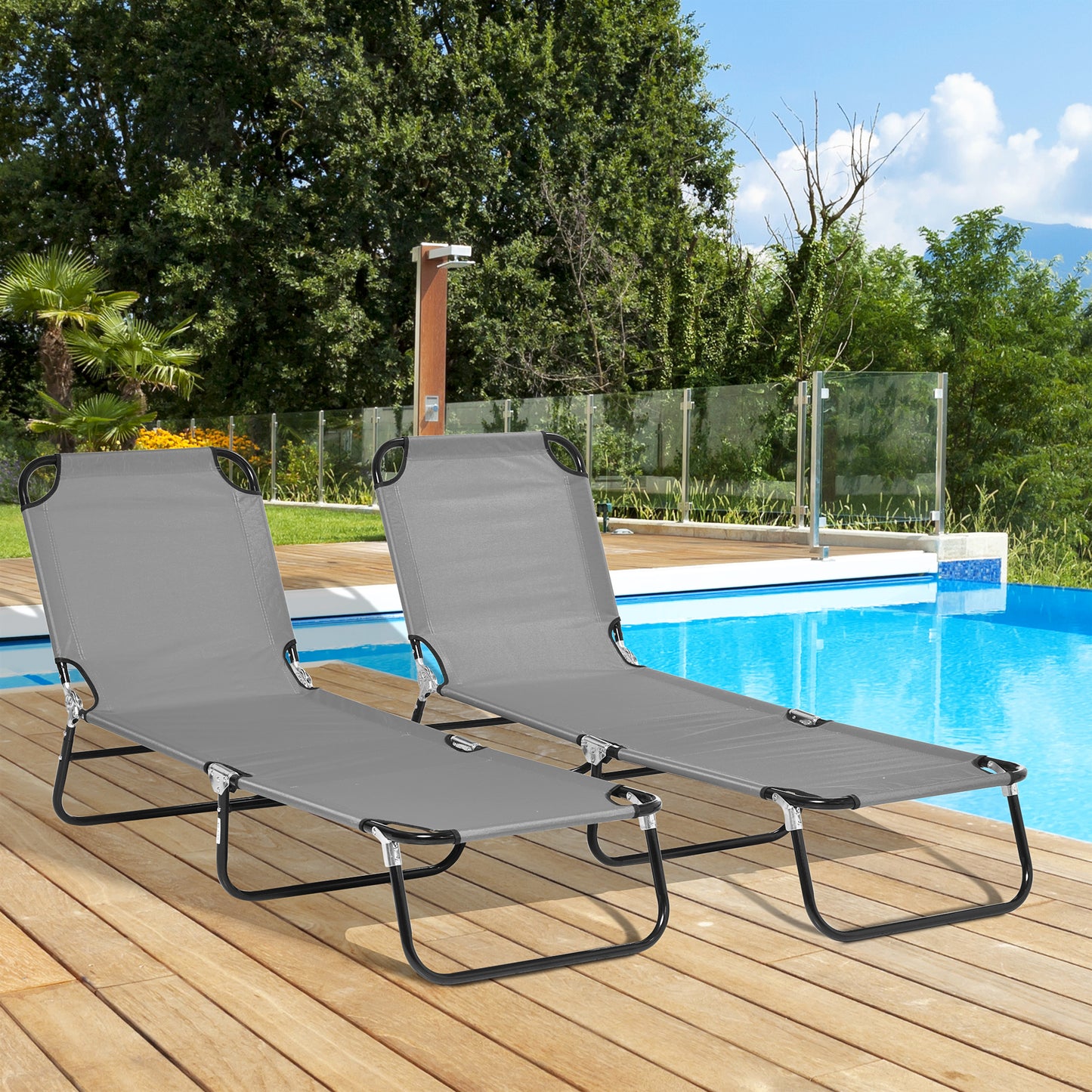 Folding Chaise Lounge Chairs - 2-Piece Set with 5-Level Recline, Dark Gray