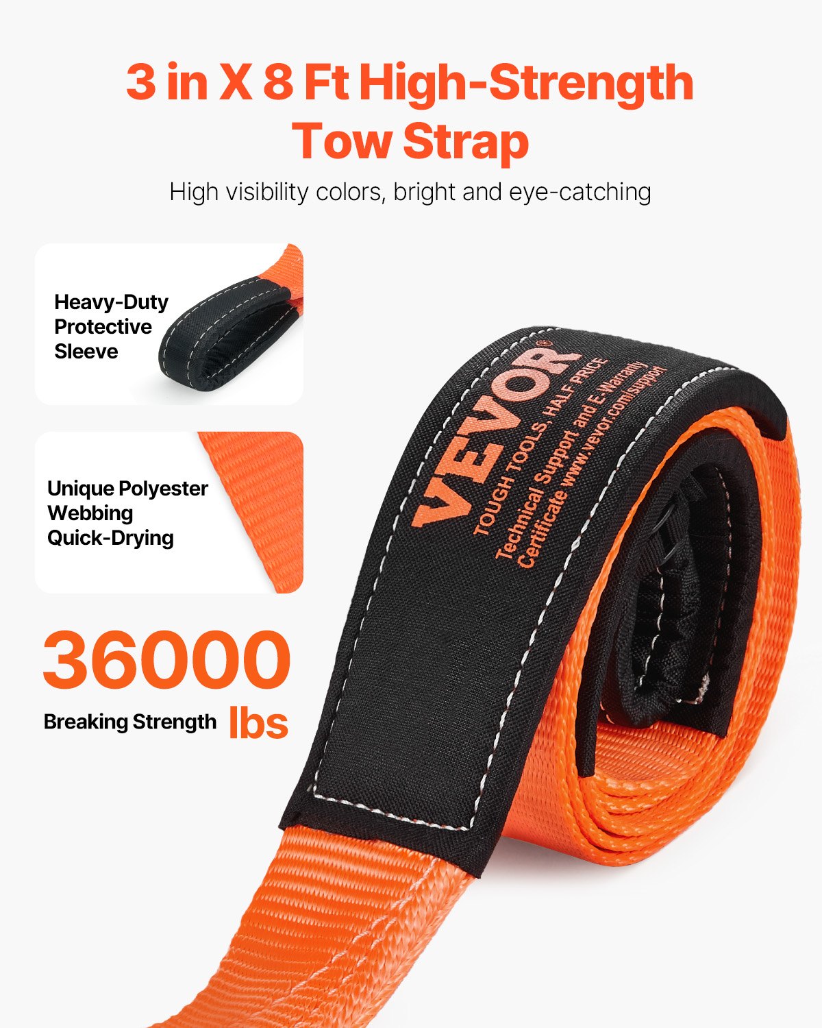 Heavy Duty Tow Rope 36,000 lbs Capacity - 8 ft Emergency Vehicle Tow Strap