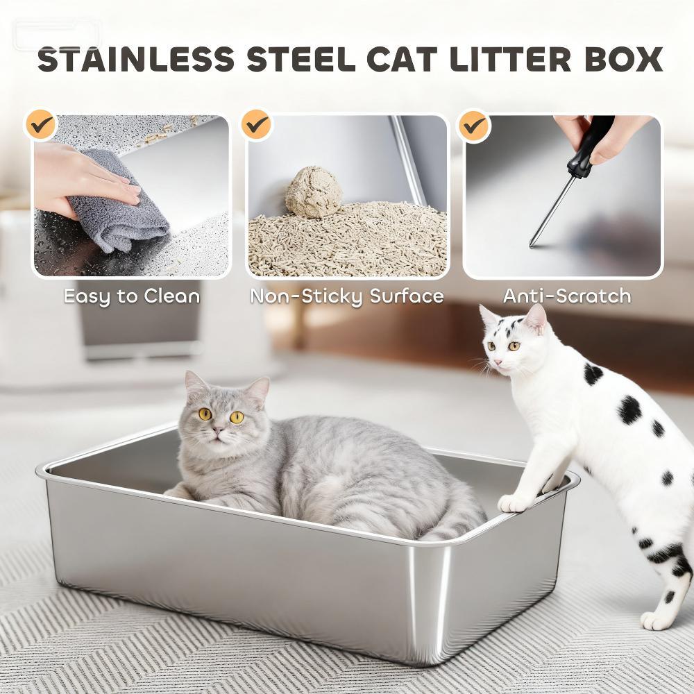 Large Enclosed Cat Litter Box with Top & Side Entry - Stainless Steel, Gray