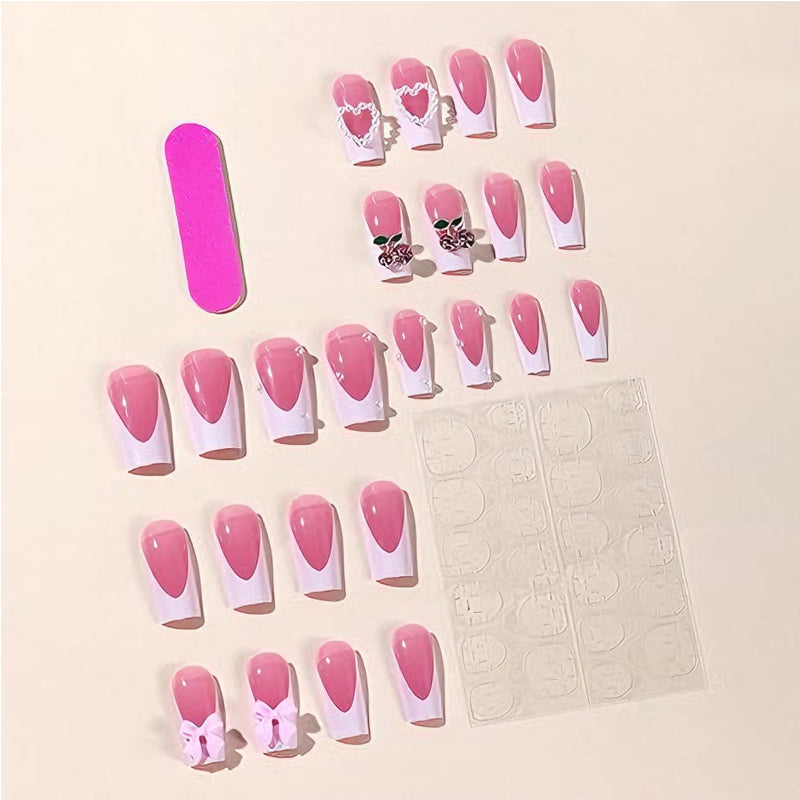 24-Piece Cherry Bow Press-On Nails - Long Square Tip False Nails
