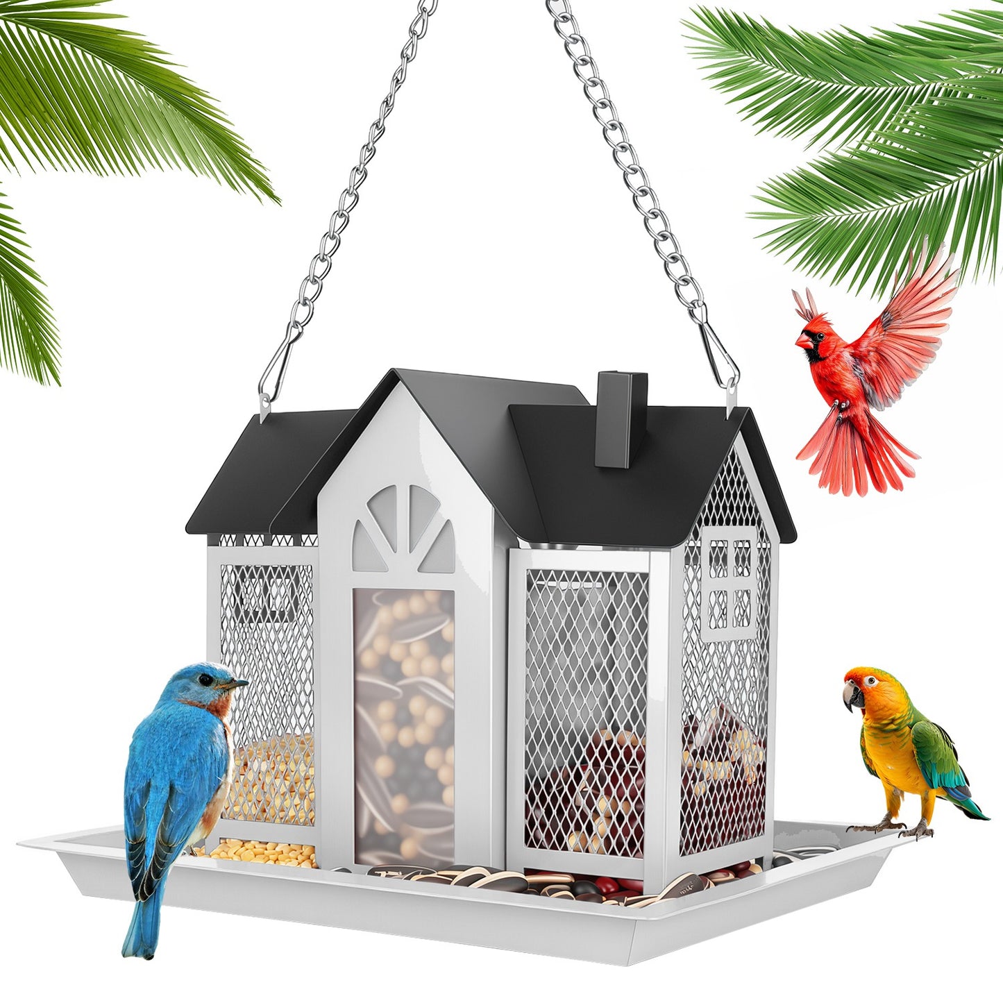 Metal Bird Feeder House with Visible Window & Lift Top - Outdoor Garden Decor