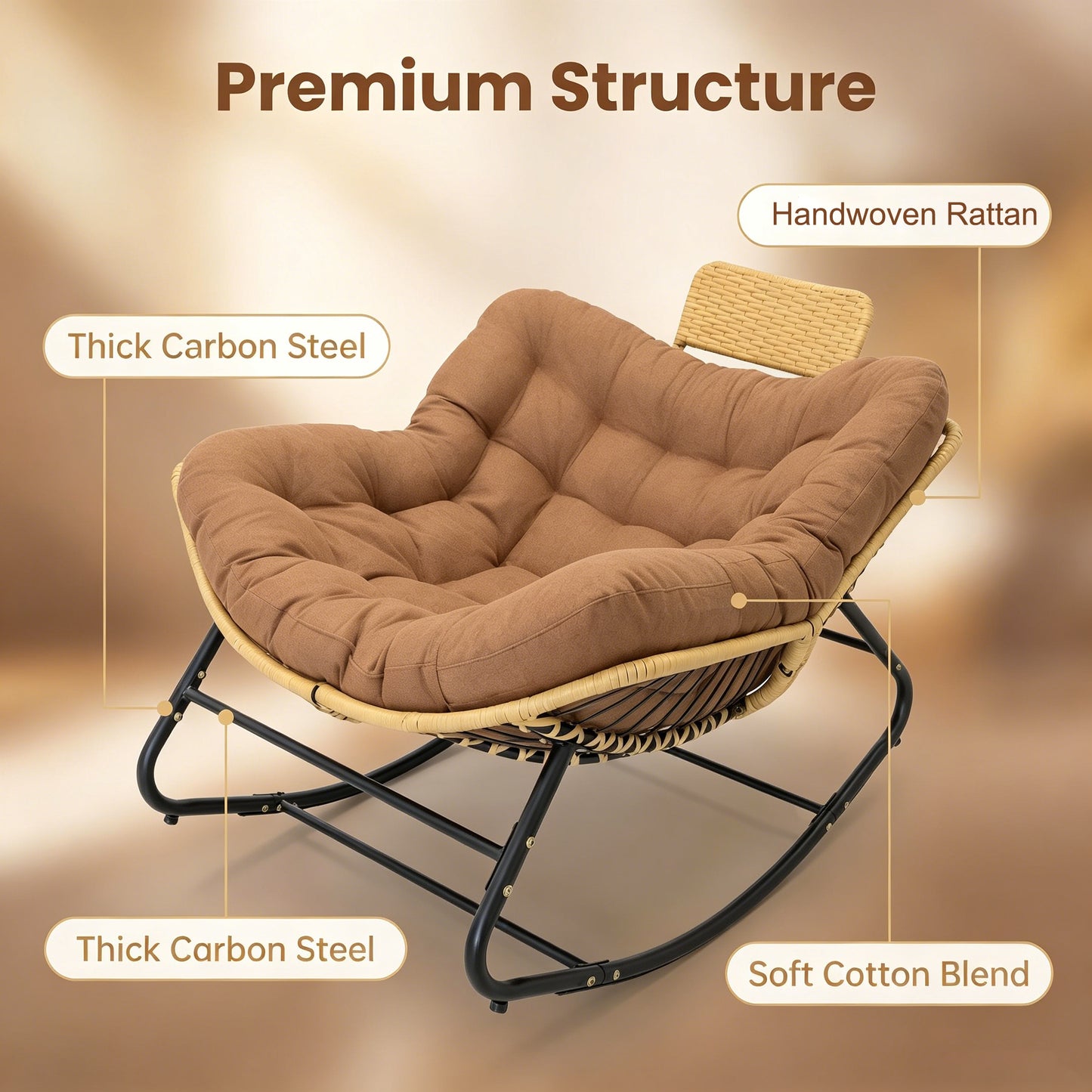 Oversized Papasan Rocking Chair with Thick Cushion - Brown