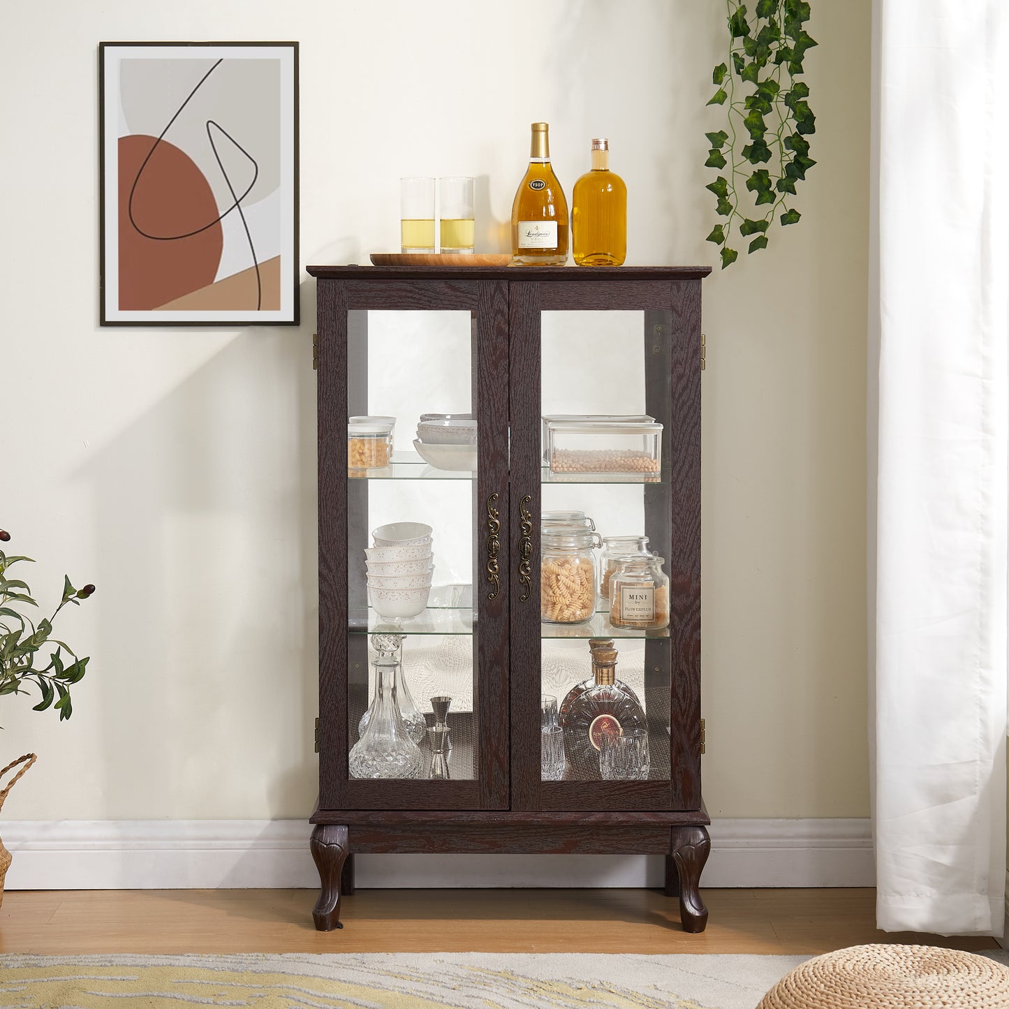 Lighted Curio Cabinet with Glass Doors & Adjustable Shelves - Cherry