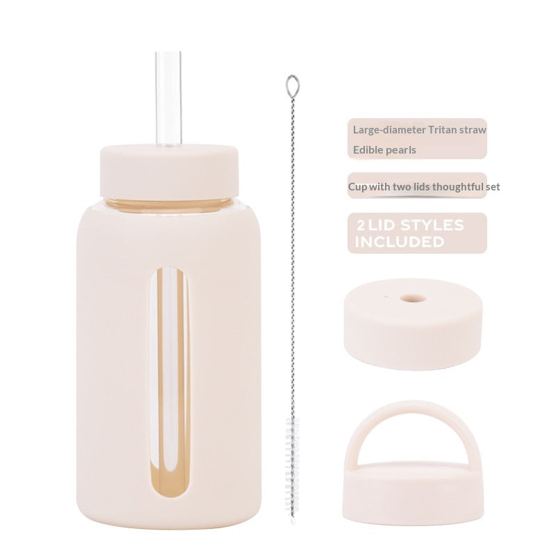 600ml Silicone Sleeve Glass Water Cup with Dual Lids - Heat-Resistant & Sipper-Friendly