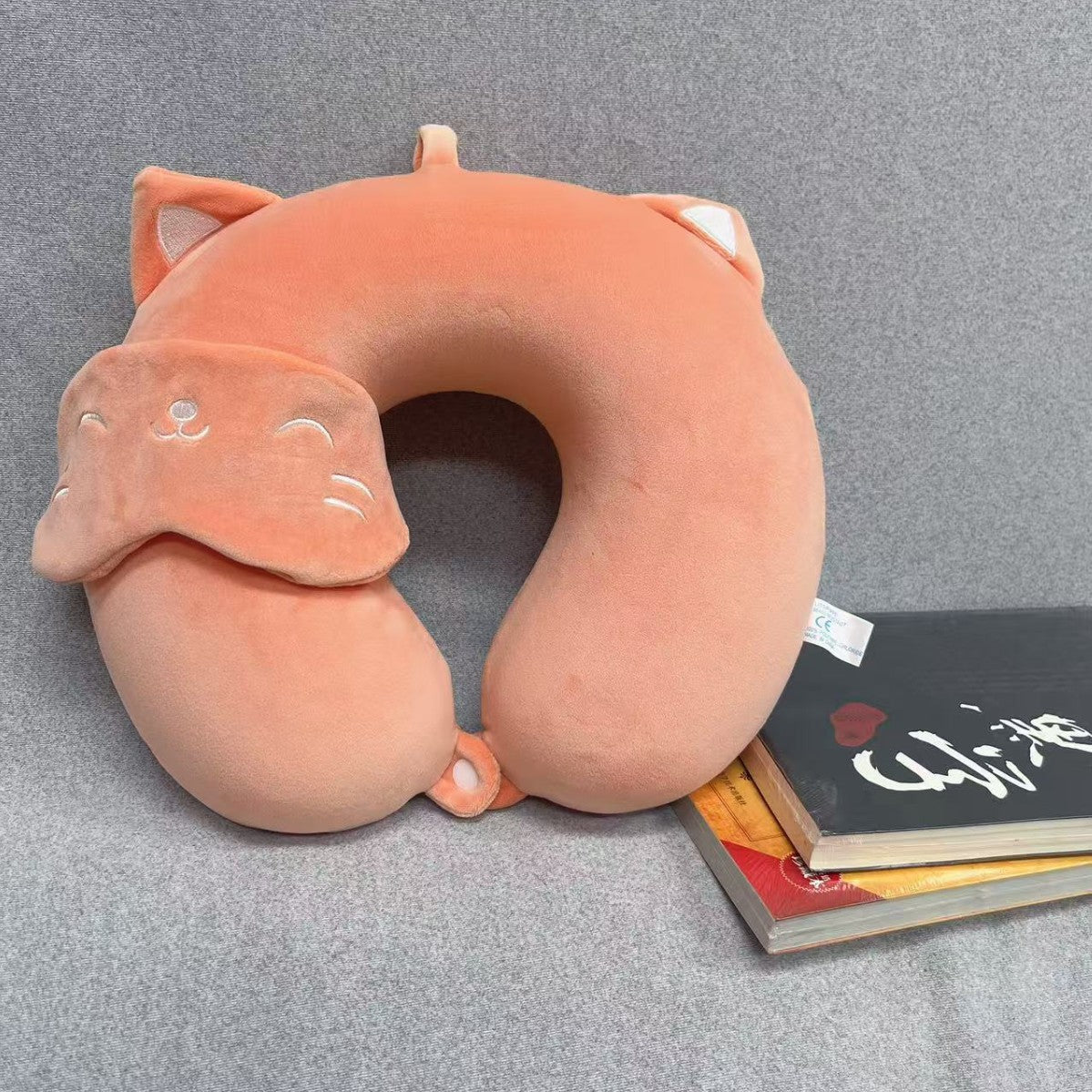 Cute Cat Memory Foam U-Shaped Neck Pillow with Attached Eye Mask - Travel & Nap Support