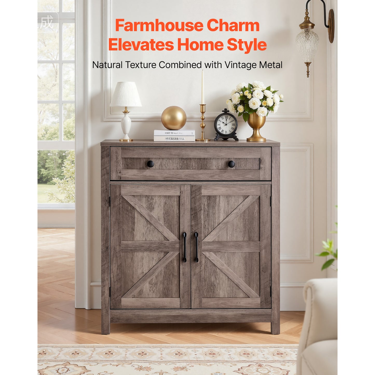 Farmhouse Coffee Bar Cabinet with Drawer and Barn Doors - Grey Kitchen Storage
