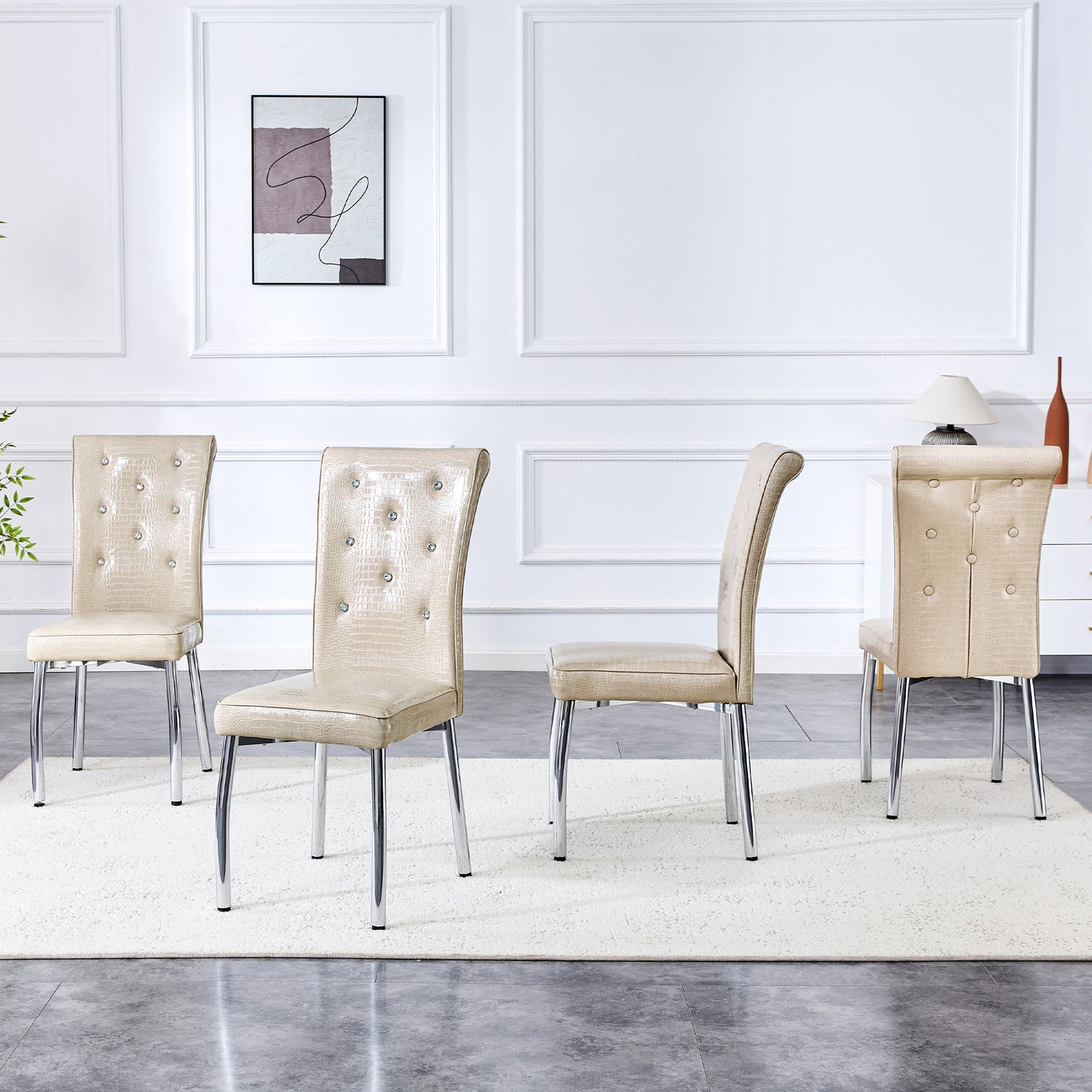 Set of 2 Beige and Silver Vintage Crocodile Leather Dining Chairs
