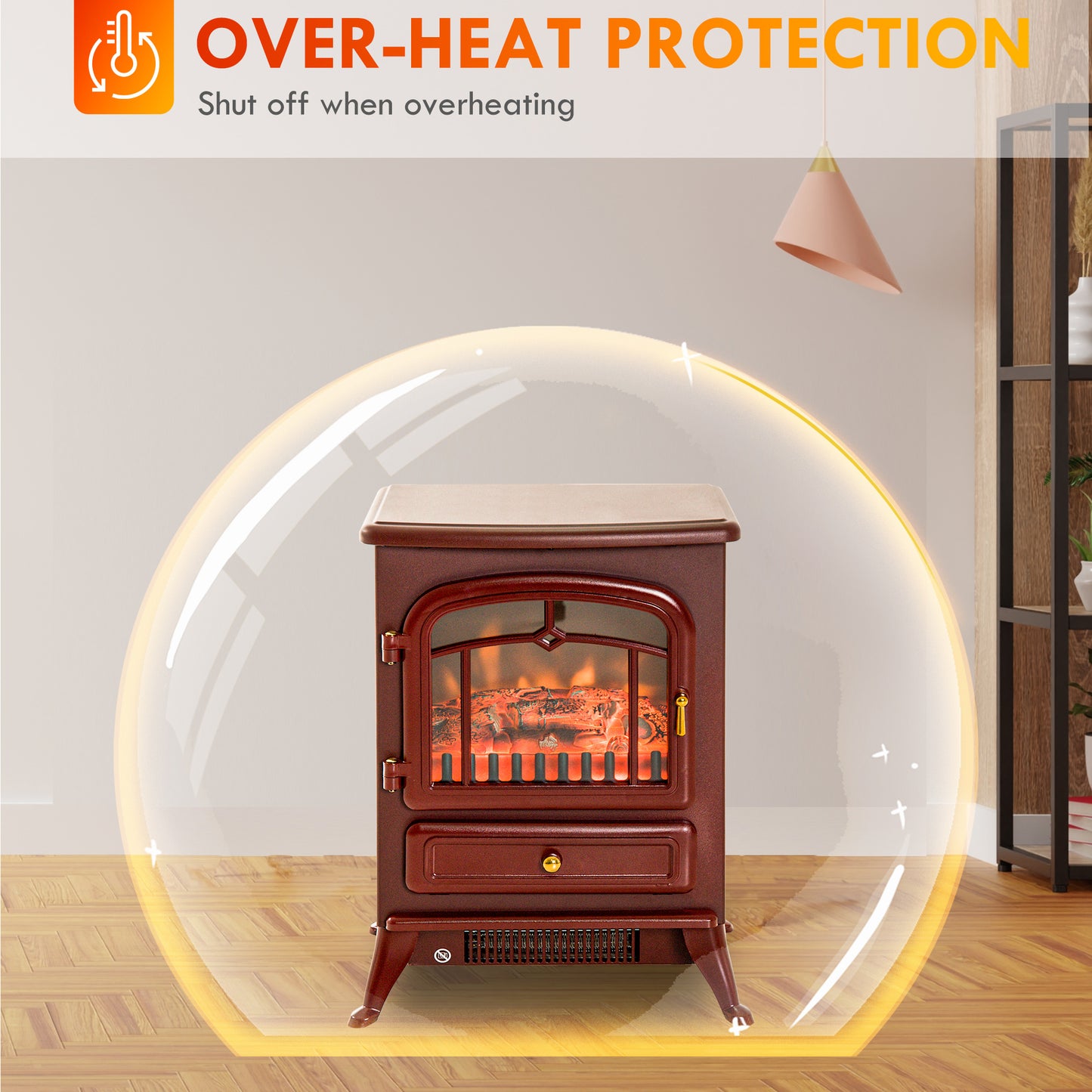 22-Inch Electric Fireplace Heater with Realistic LED Flames, Freestanding Stove, Overheat Protection - Red