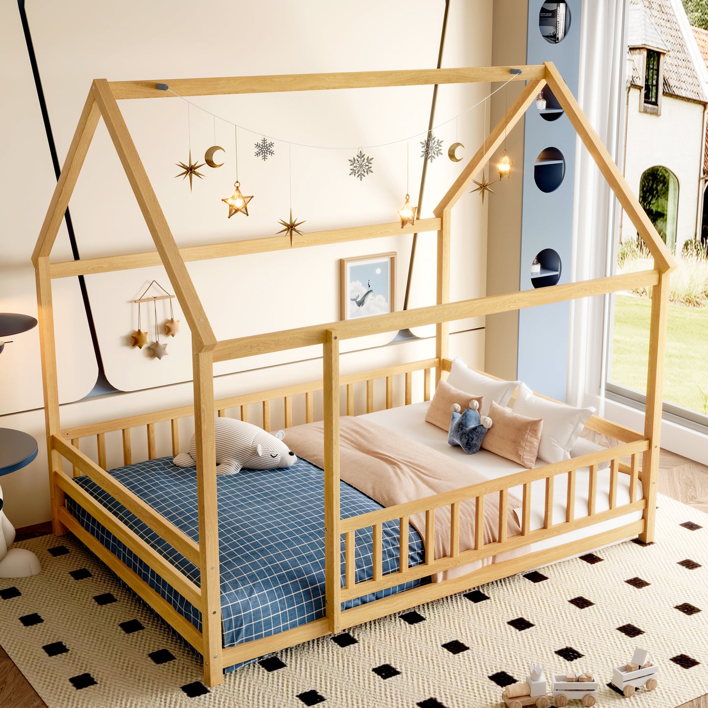 Full Size Wooden Bed with House Roof Frame & Guardrails - Natural