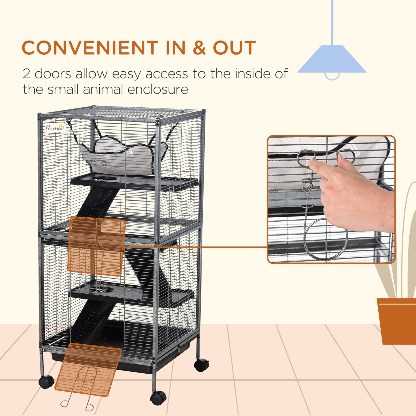 Small Animal Cage with Wheels, 4 Tiers, Hammock & Removable Tray - Gray