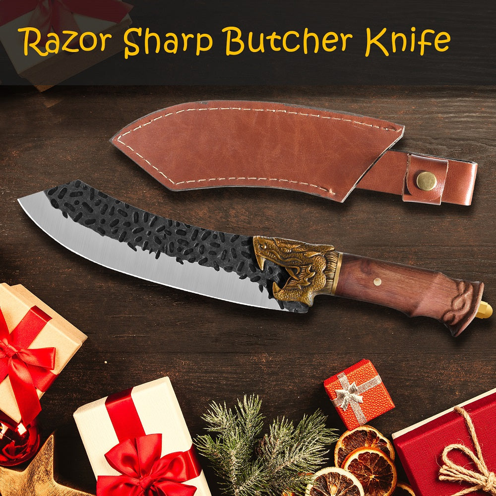 Hand Forged Camping Knife with Dragon Head Handle & Leather Sheath