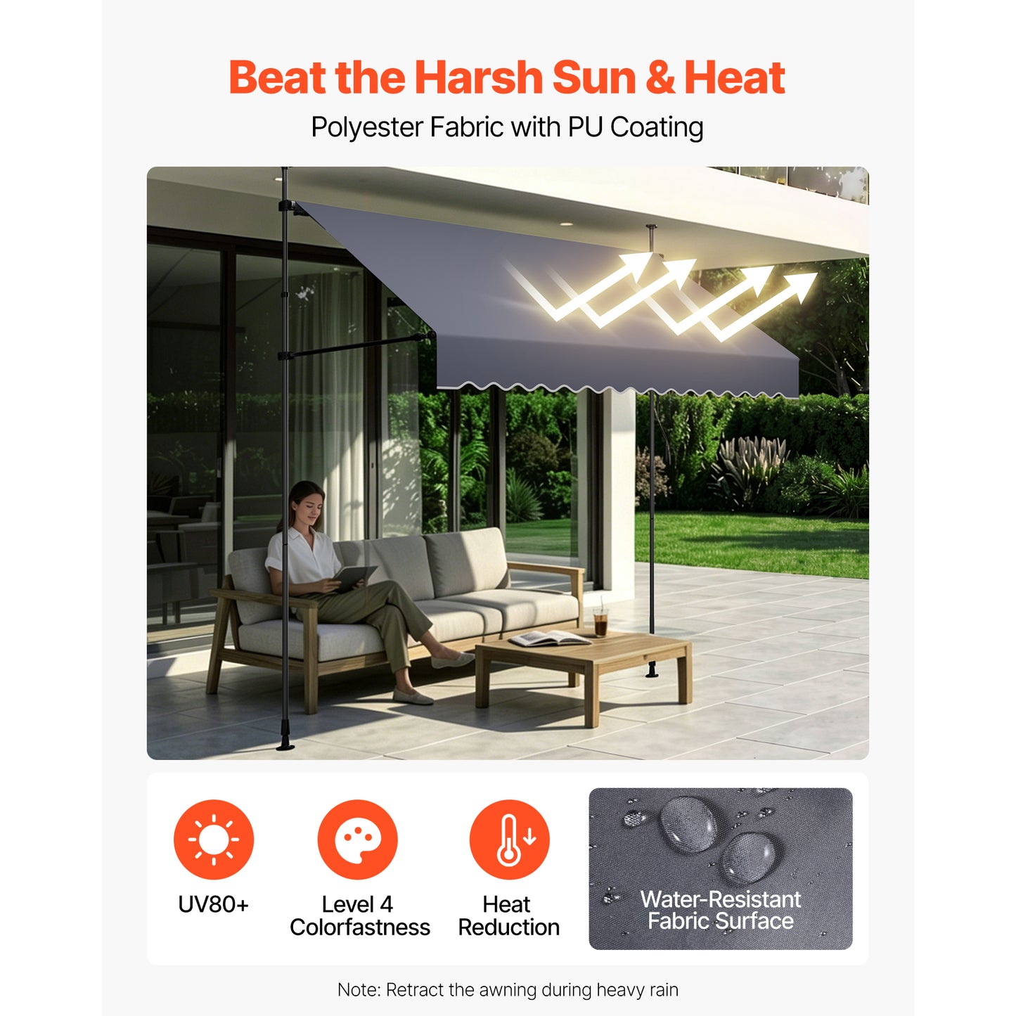 Manual Retractable Patio Awning 98 Inch Sunshade Shelter with Crank Handle - Dark Gray