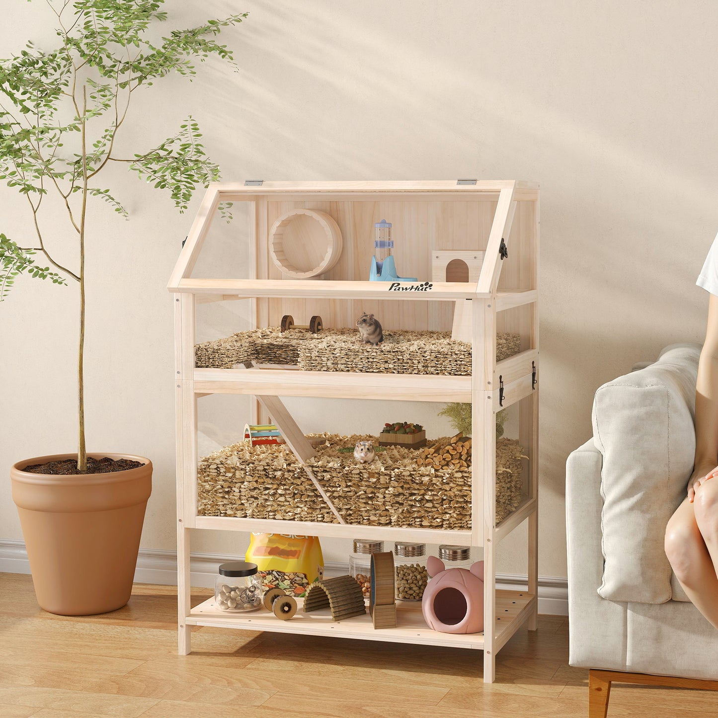 Wooden Hamster Cage with Detachable Floors & Accessories - Natural Wood
