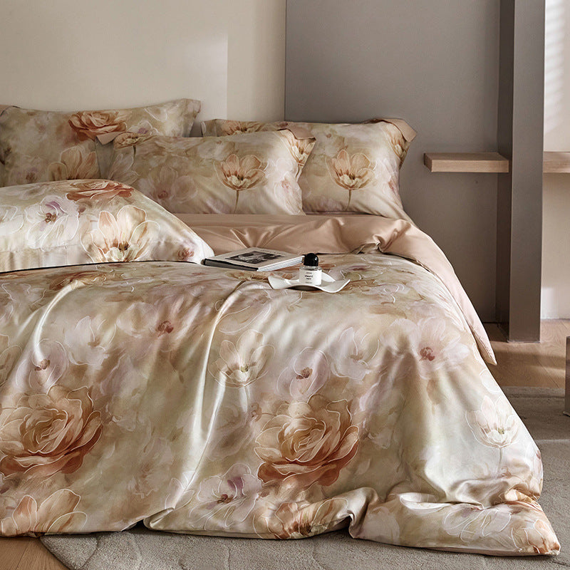 Flower Tencel Bedding Set - Four-Piece Includes Quilt Cover & Sheets
