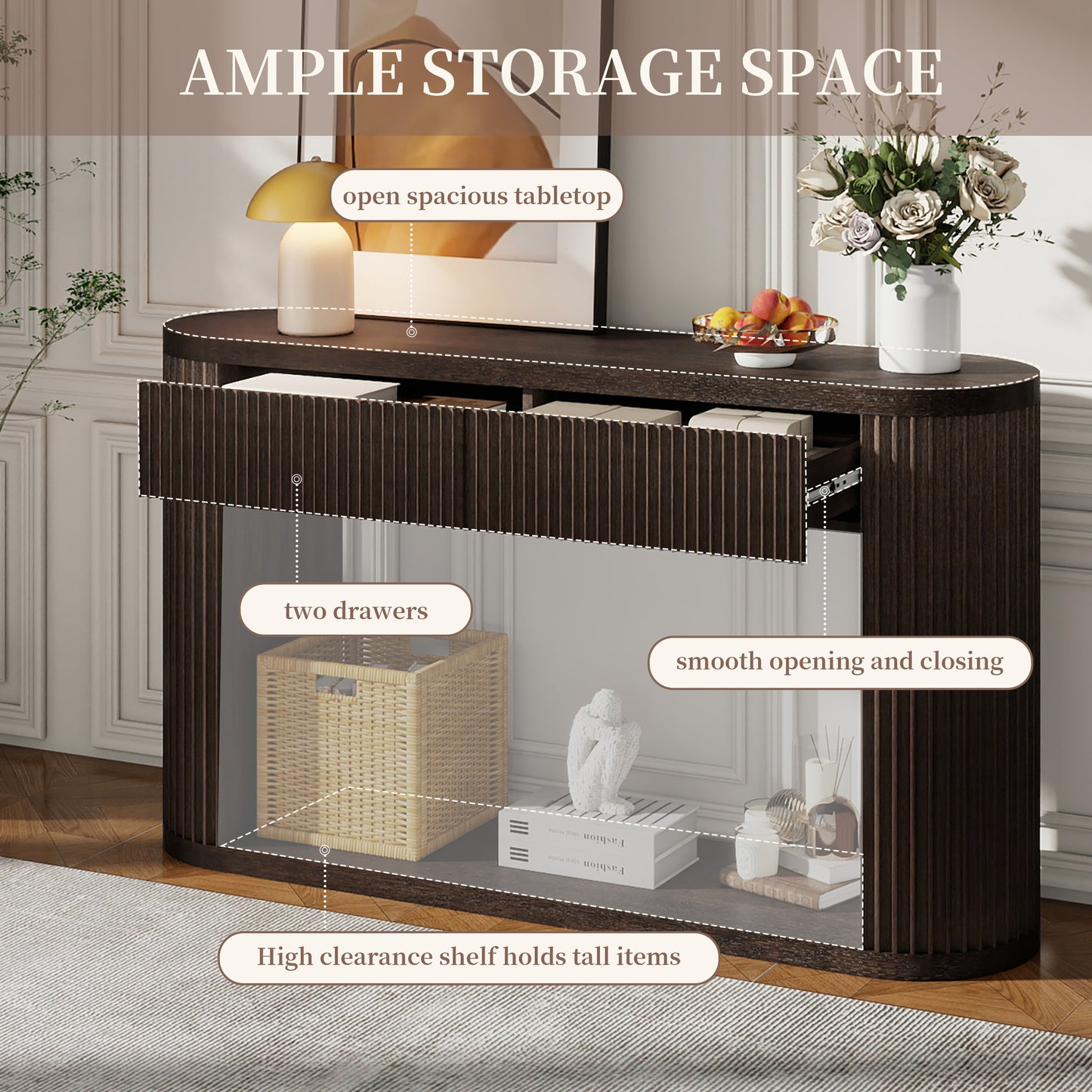 Oval Fluted Console Table with 2 Drawers & Bottom Shelf - Espresso