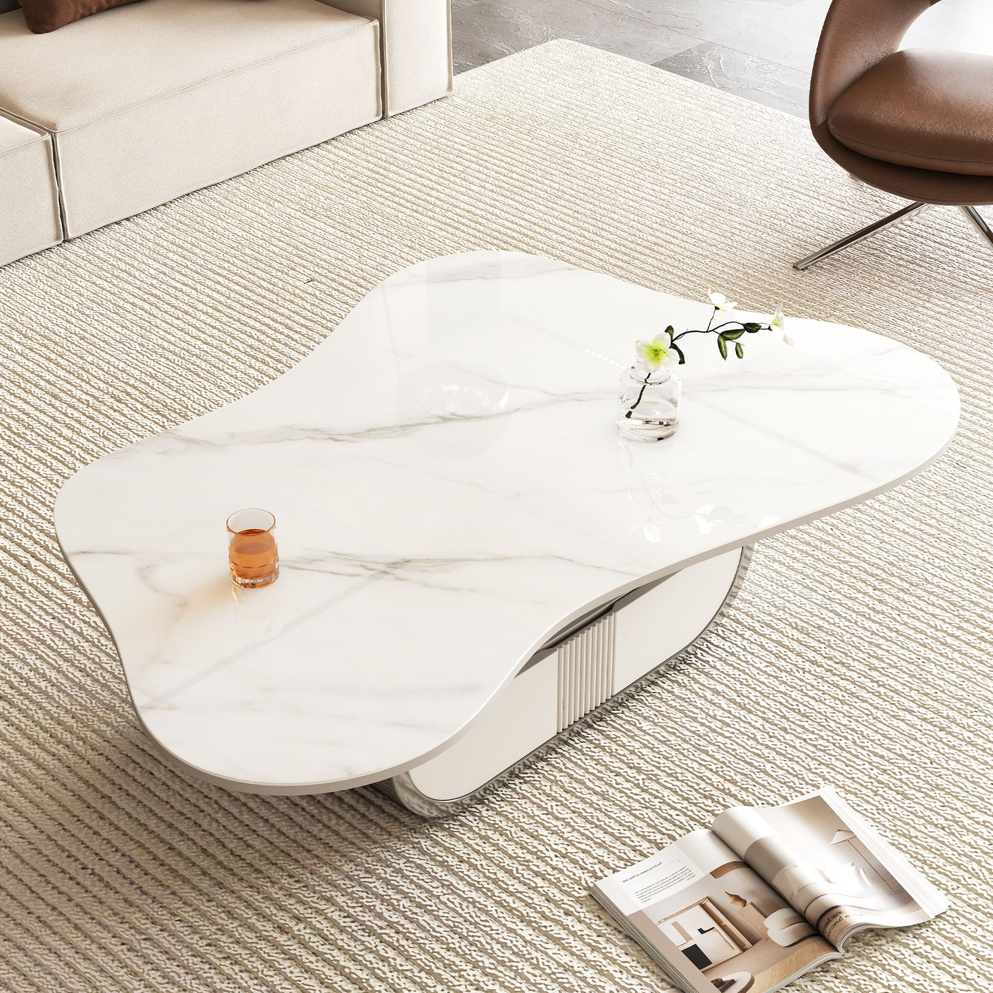 Modern Coffee Table with Sintered Stone Top & Storage Shelf - Grey White