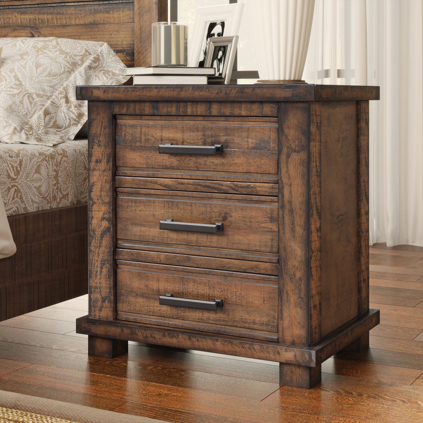 Rustic Three Drawer Reclaimed Solid Wood Farmhouse Nightstand