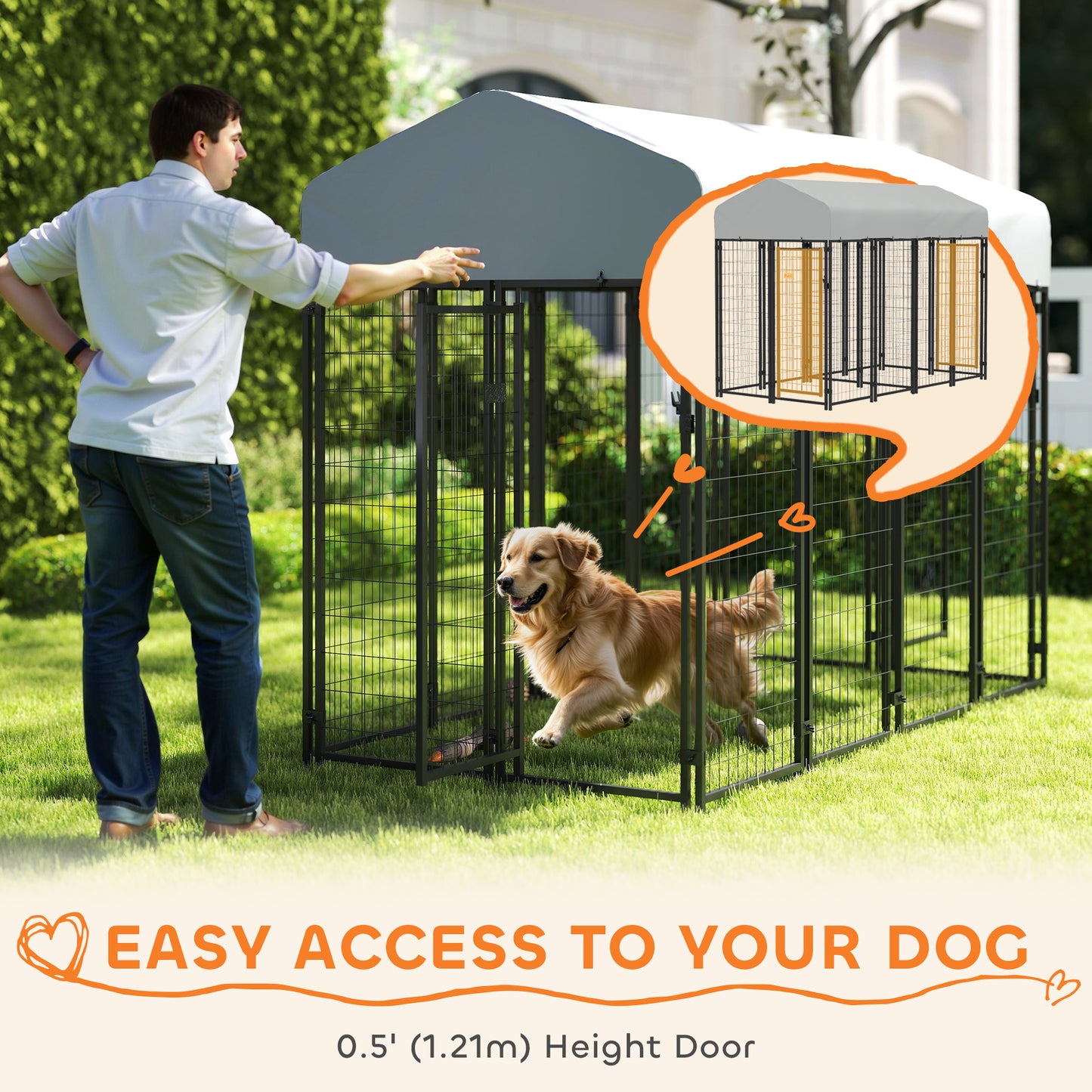 Outdoor Dog Kennel with Two-Room Design, Waterproof Cover, for Small to Large Dogs