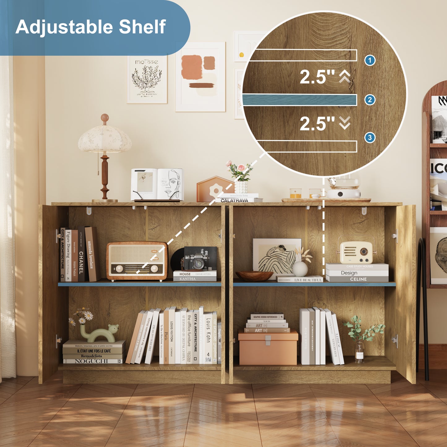 Natural Wood Sideboard Buffet Cabinet with 4 Doors & Adjustable Shelves