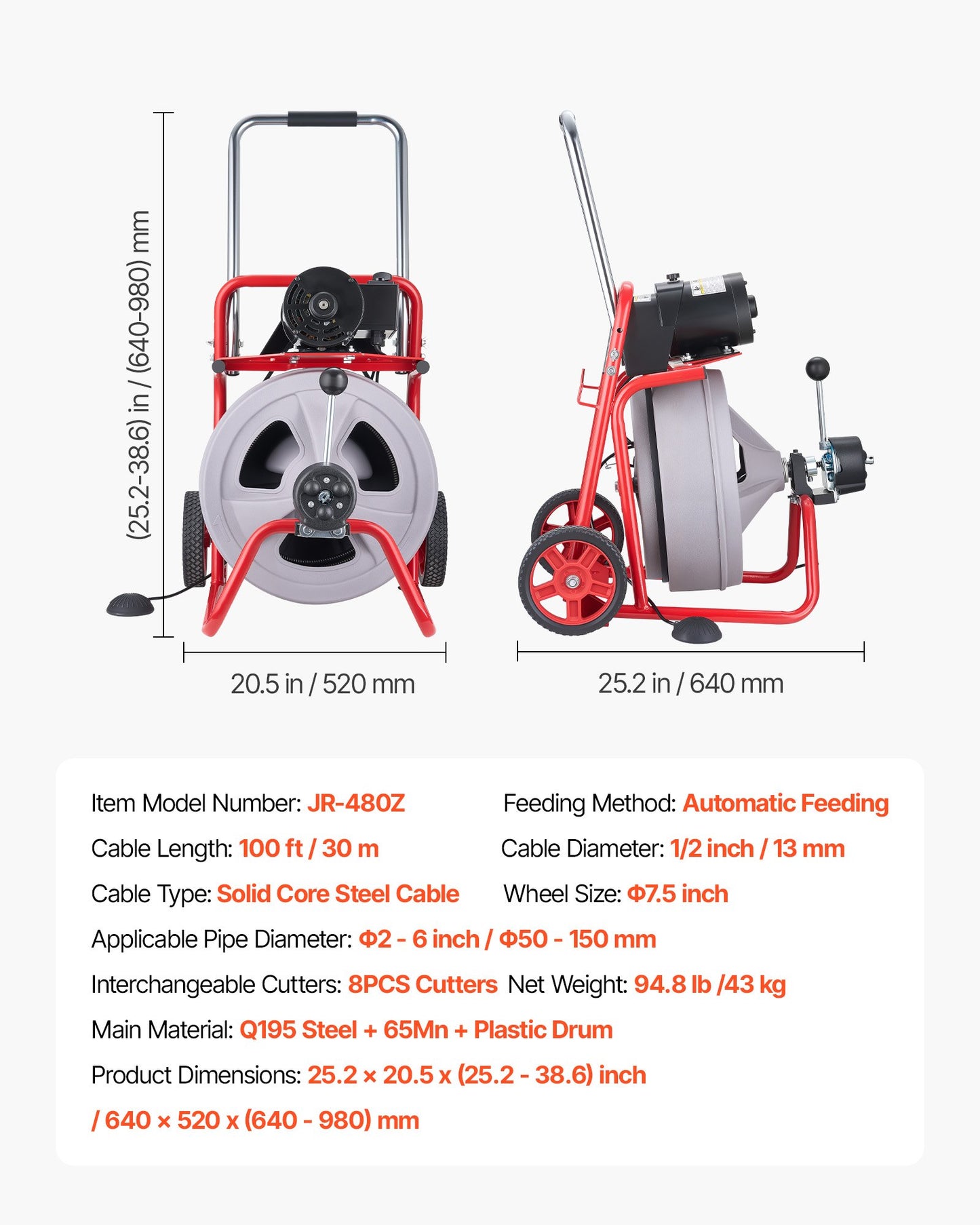 Portable Drain Cleaner Machine 100 FT x 1/2 Inch Sewer Snake with Auto Feed & 8 Cutters
