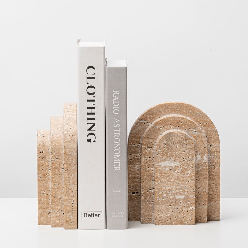 Marble Geometric Bookend Set - Modern White & Yellow Book Holders for Bookshelf Decoration