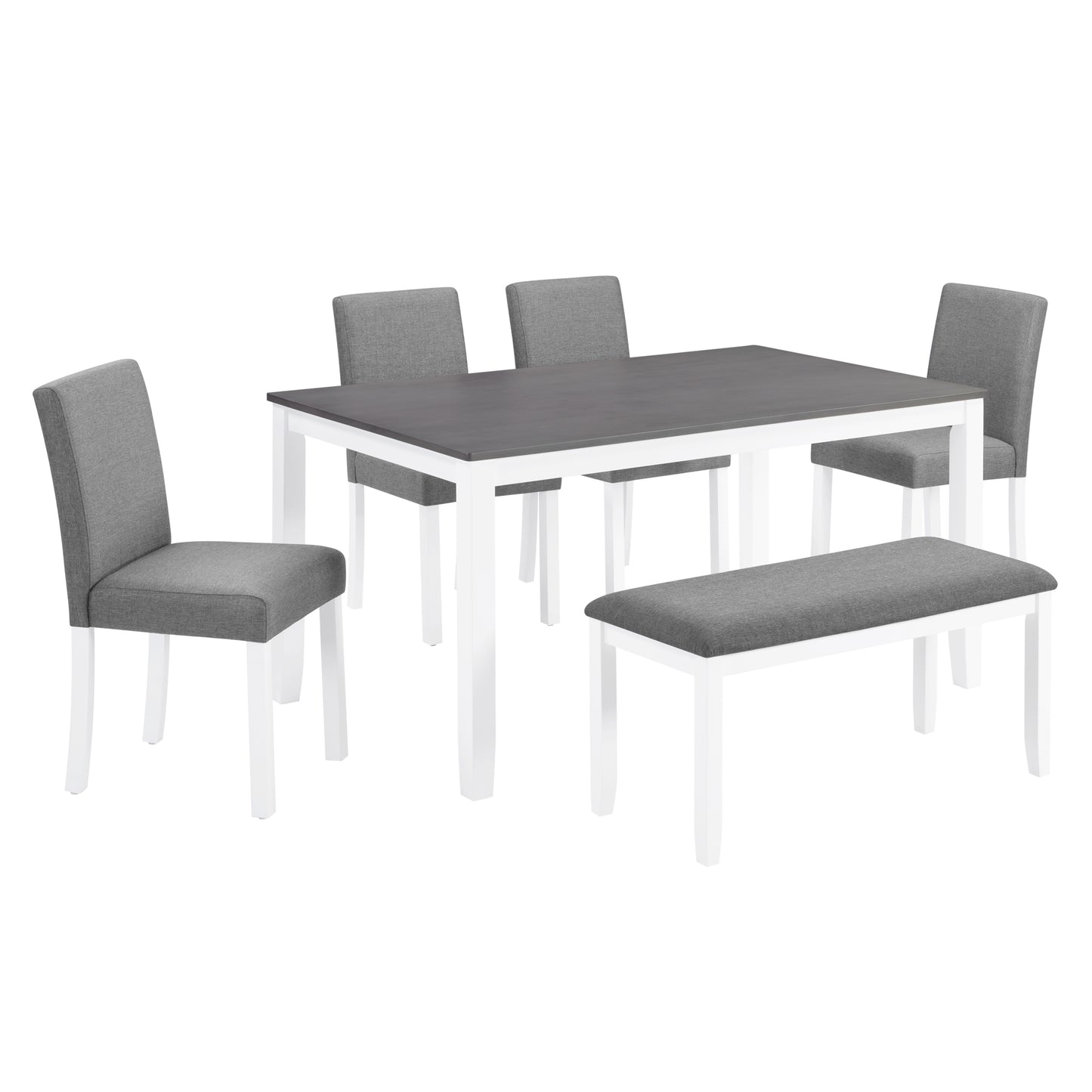 6-Piece Wooden Dining Table Set with Bench & Chairs - Grey/White