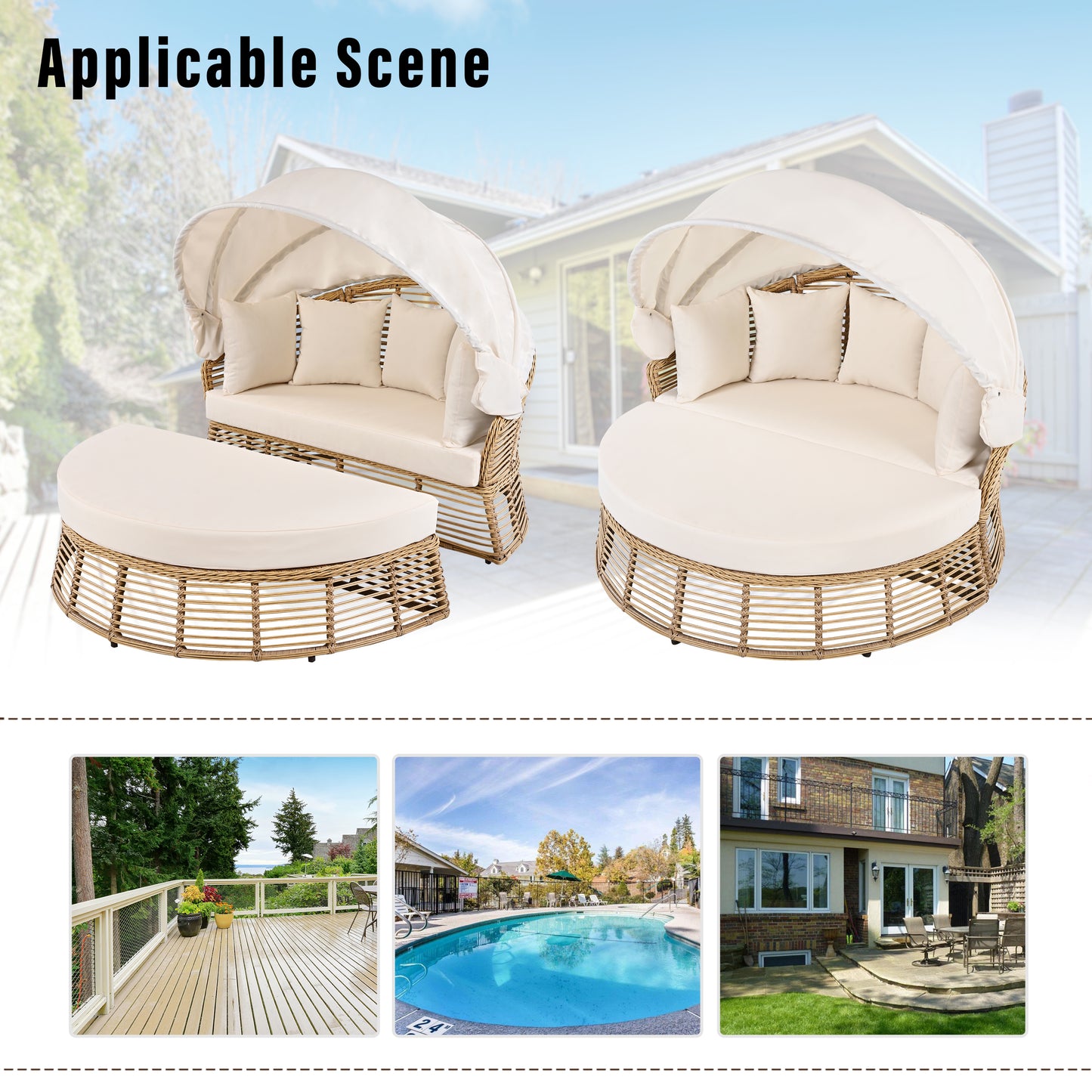 Outdoor Patio Rattan Round Daybed With Retractable Canopy, Wicker