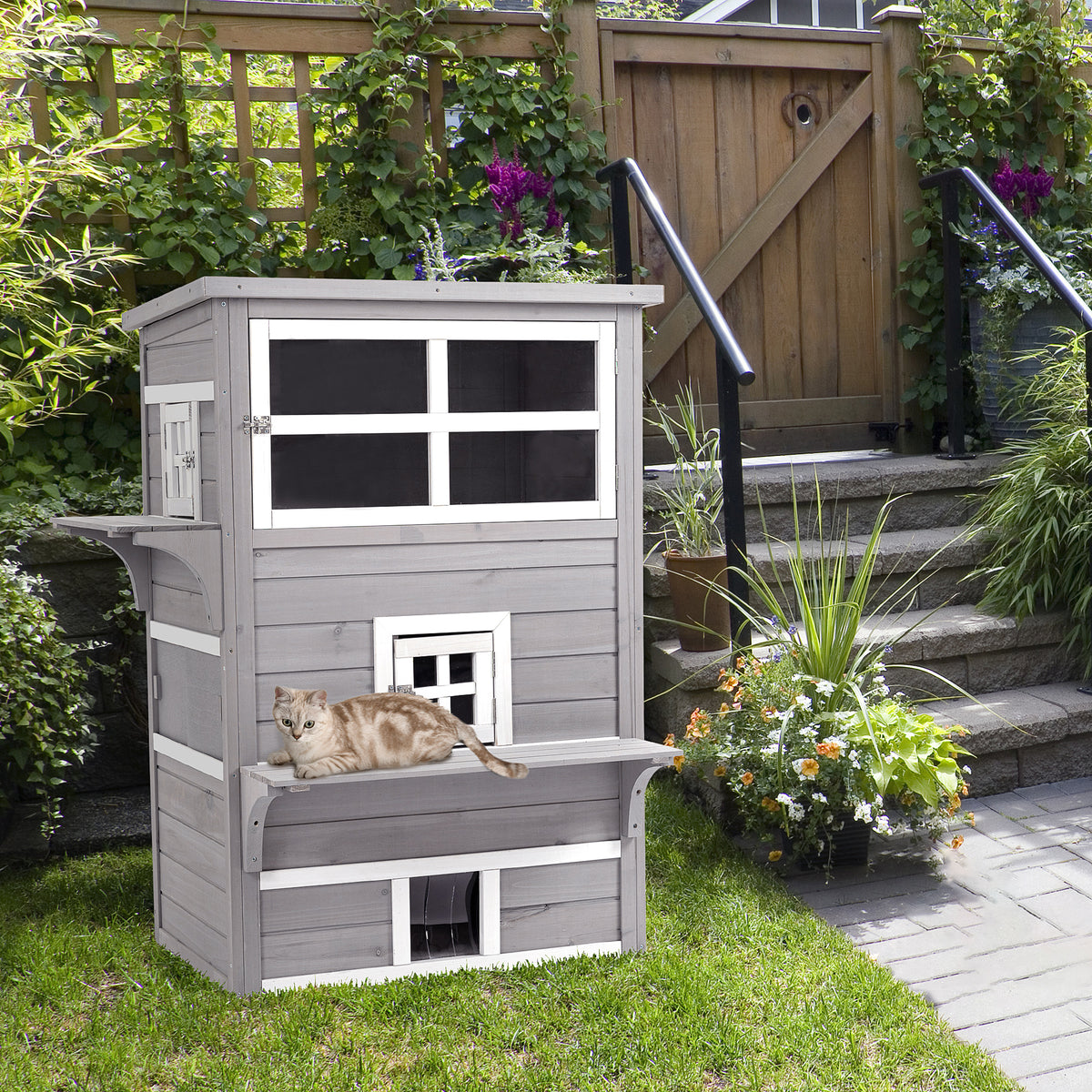 Outdoor Cat House 3-Tier Shelter with Escape Doors Weather Resistant Gray & White
