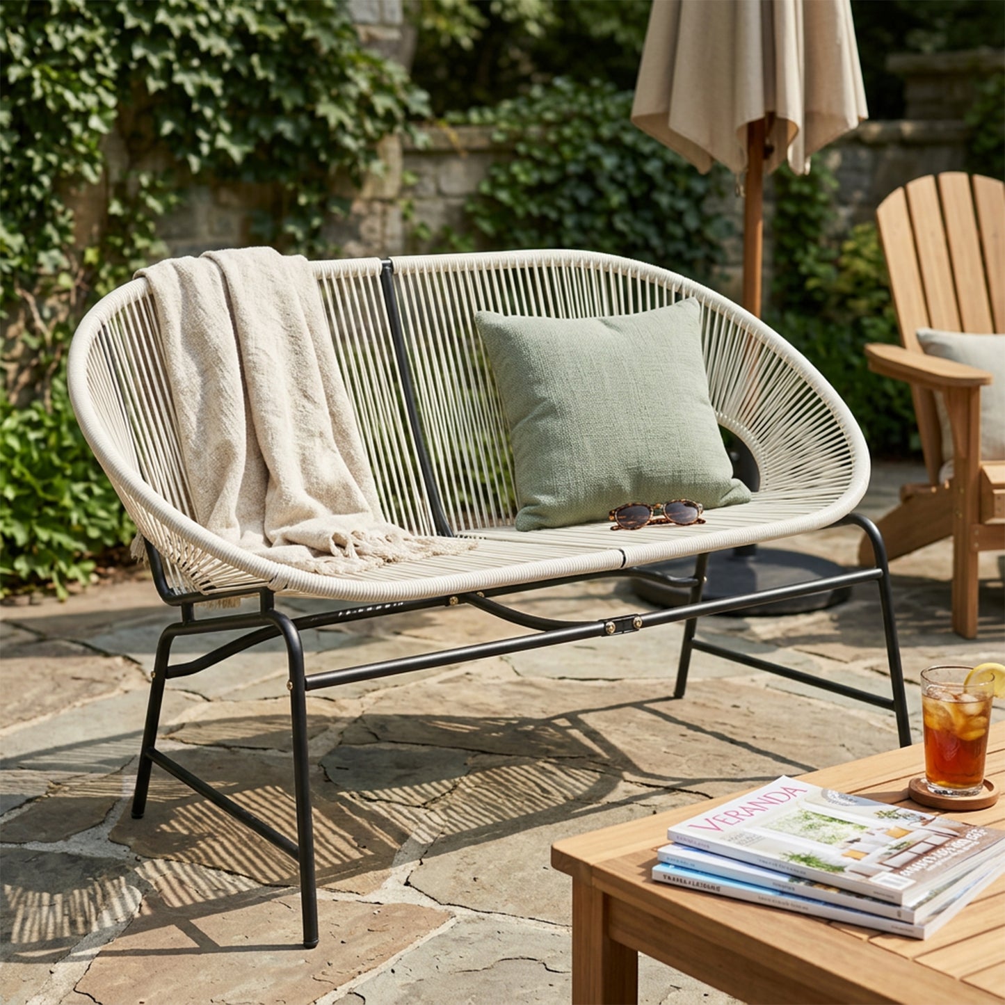 CONDESSA OUTDOOR PATIO WICKER LOVE SEAT, WHITE PE RATTAN & IRON