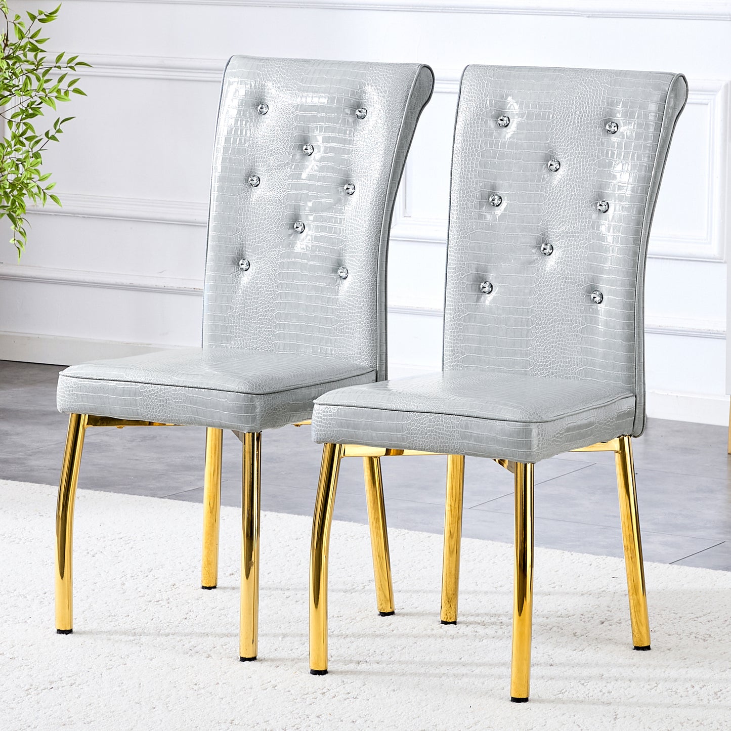 Set of 2 Gray and Gold Vintage Cushioned Dining Chairs
