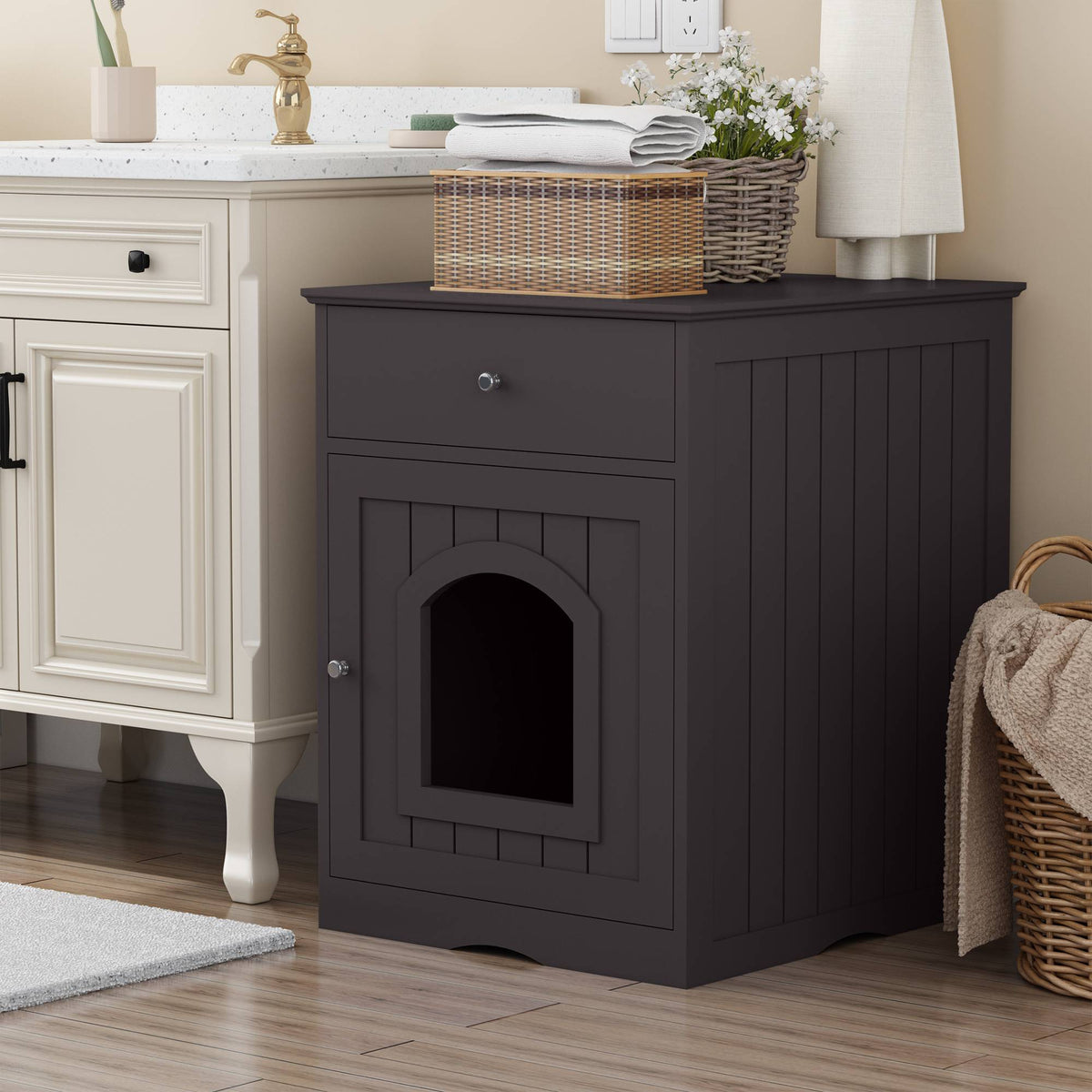 Wooden Cat House with Drawer Side Table Indoor Pet Enclosure