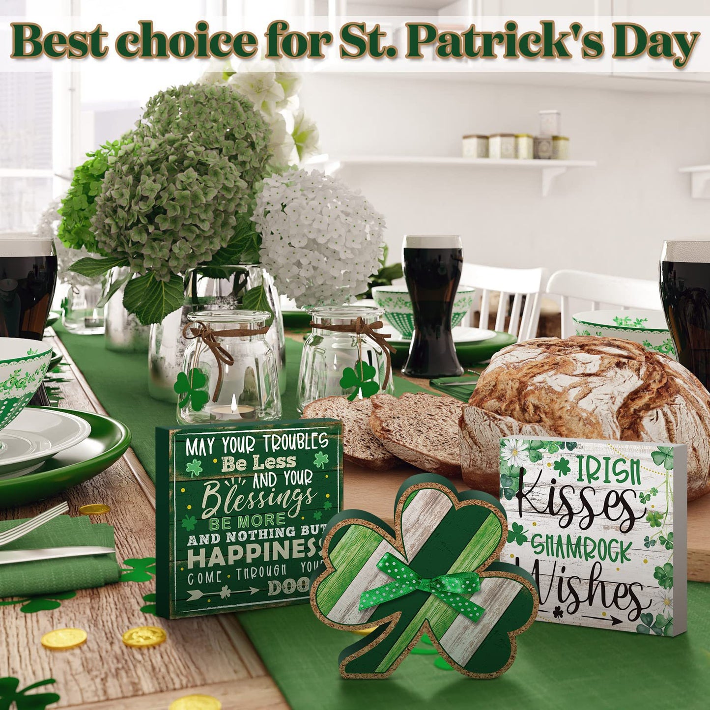 3 Pieces Festival Decoration Flowers for St. Patrick's Day - Green & White 12CM