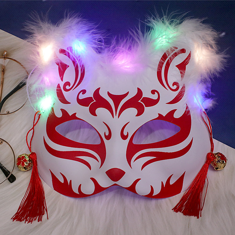 Halloween Party Luminous Feather Fox Mask Two-Faced Cat Face Mask