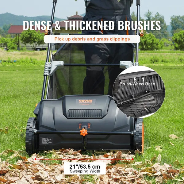 Push Lawn Sweeper 21-Inch Leaf and Grass Collector with Large 3.5 Cu Ft Mesh Hopper and Dual Spinning Brushes