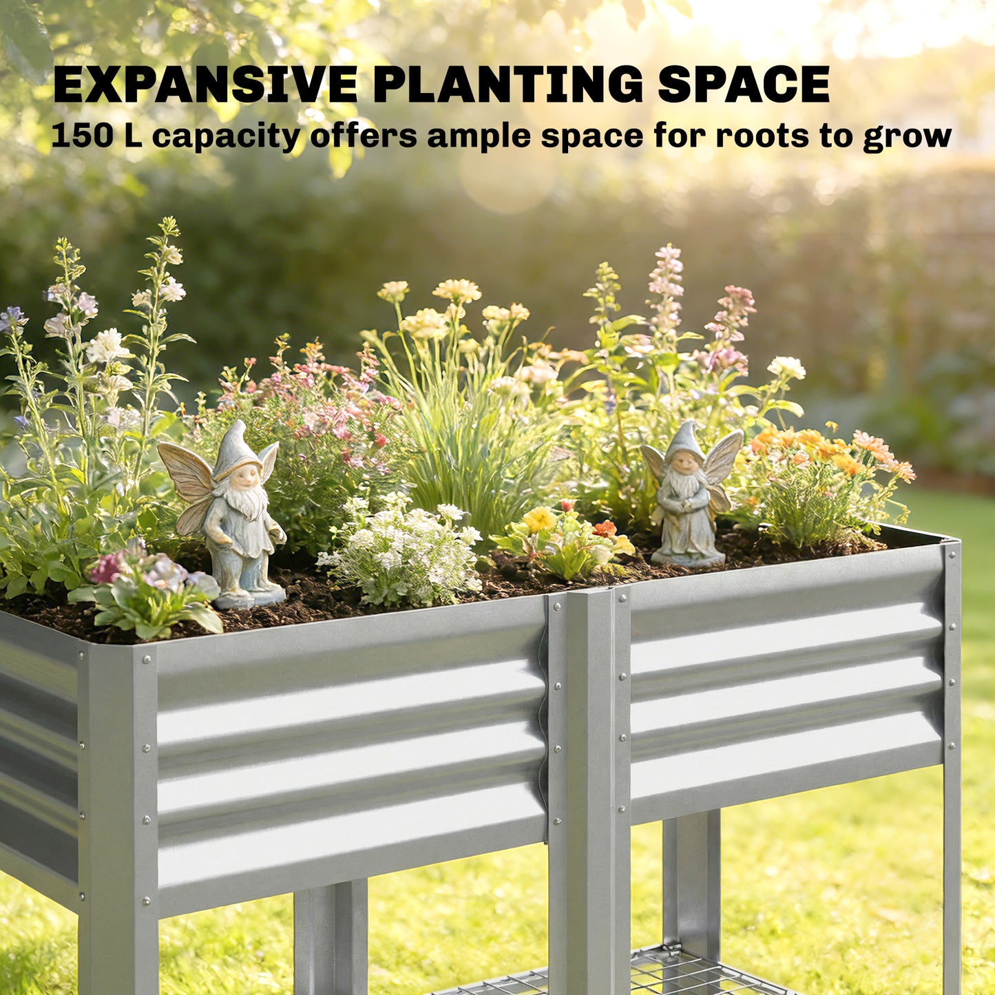 Galvanized Steel Raised Garden Bed with Storage Shelf - 31.5 Inch Height, Silver