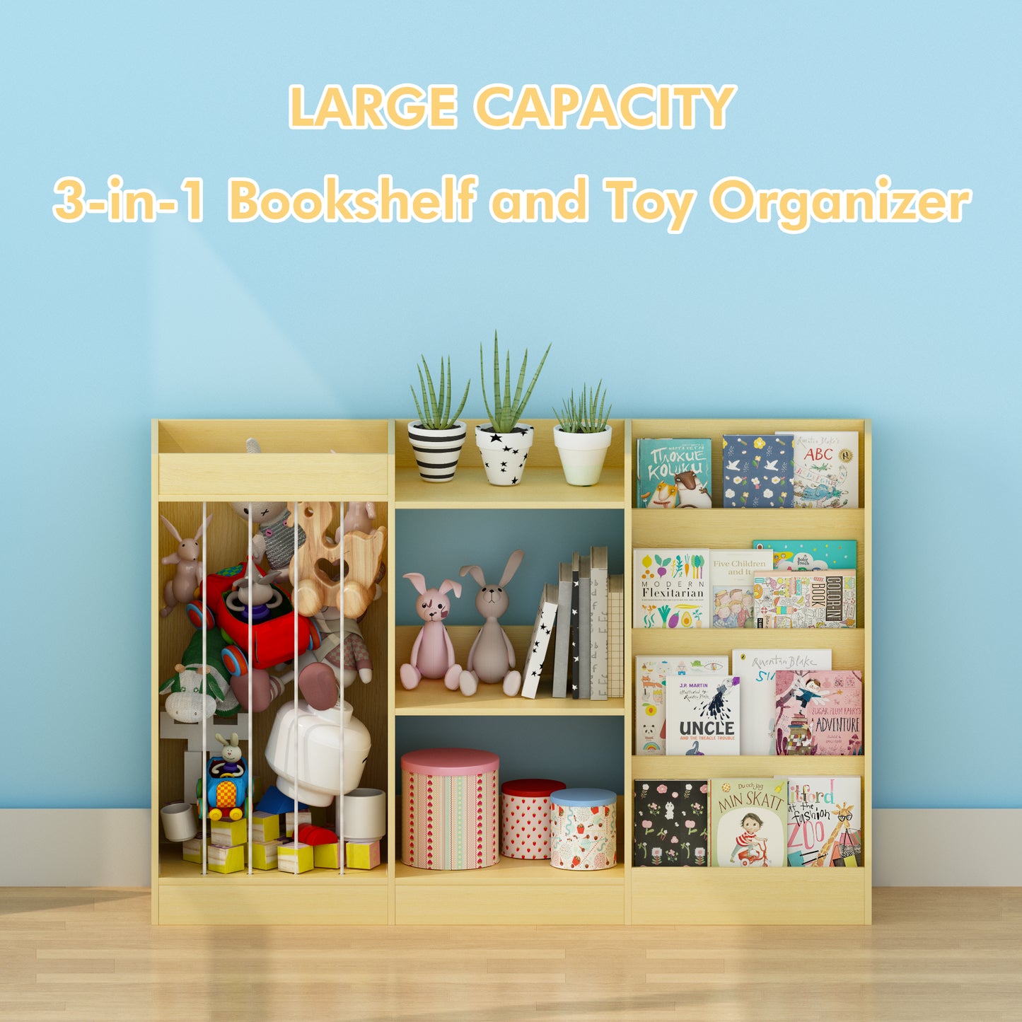 3-in-1 Kids Bookshelf and Toy Storage - Natural