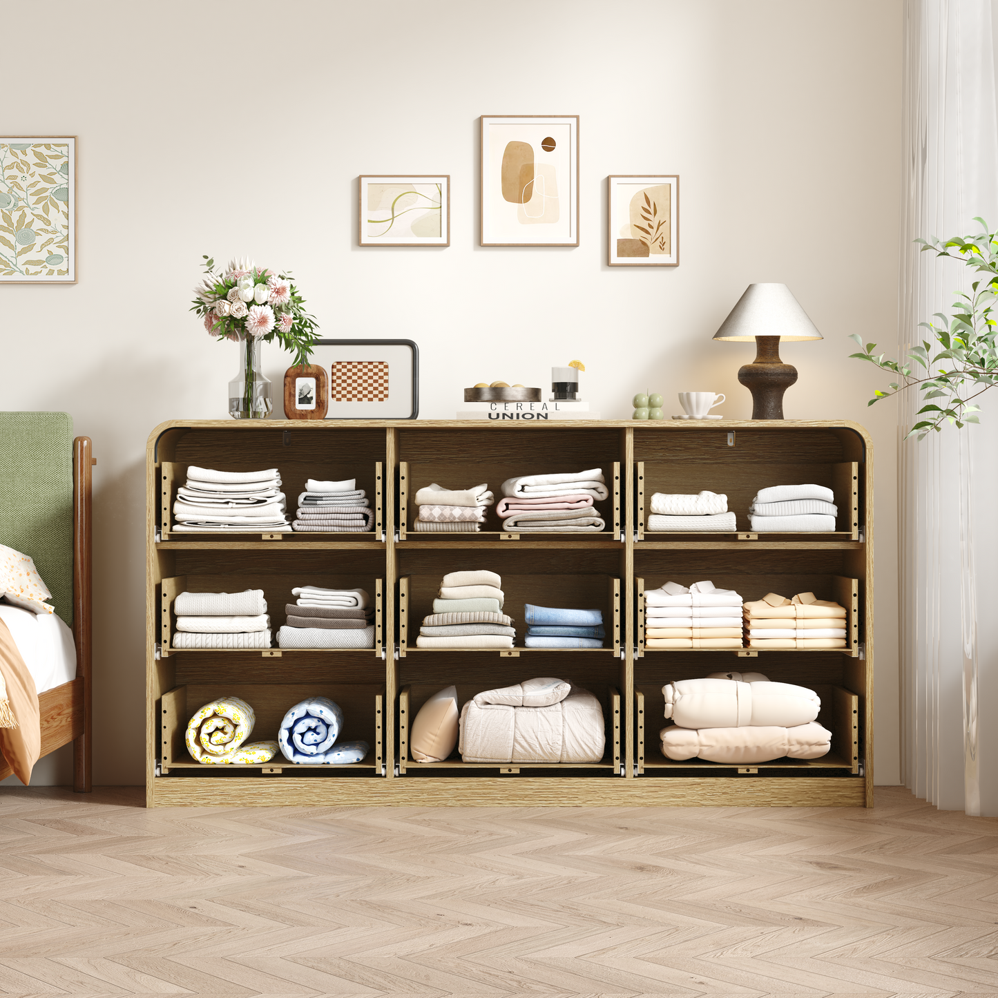 9-Drawer Rattan Dresser - Modern Walnut Storage Cabinet