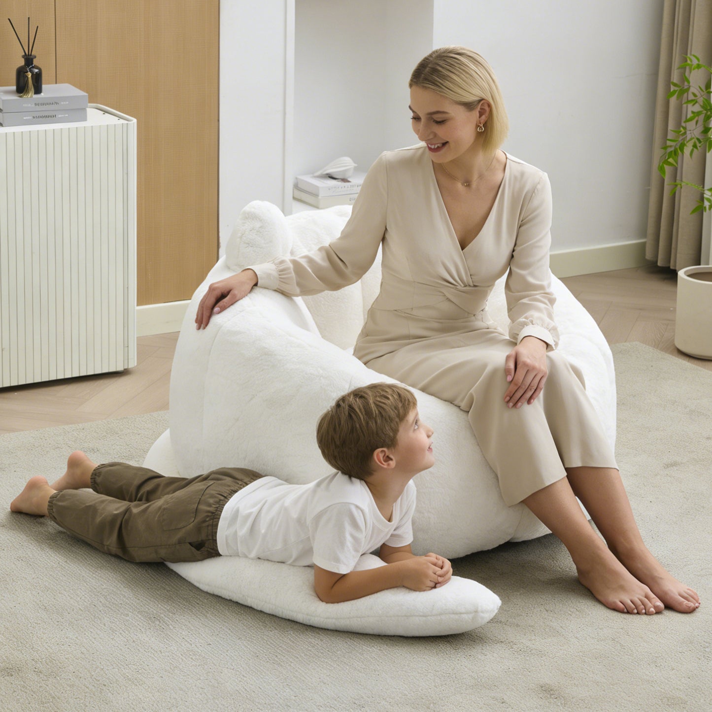 Cat-Shaped Bean Bag Sofa - White Faux Fur, No Assembly Required