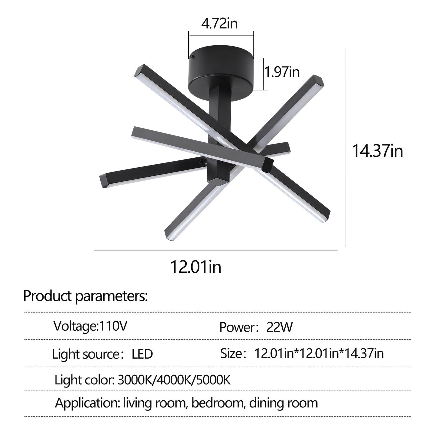 12 Inch LED Ceiling Light - Geometric Starburst Design, Black Finish